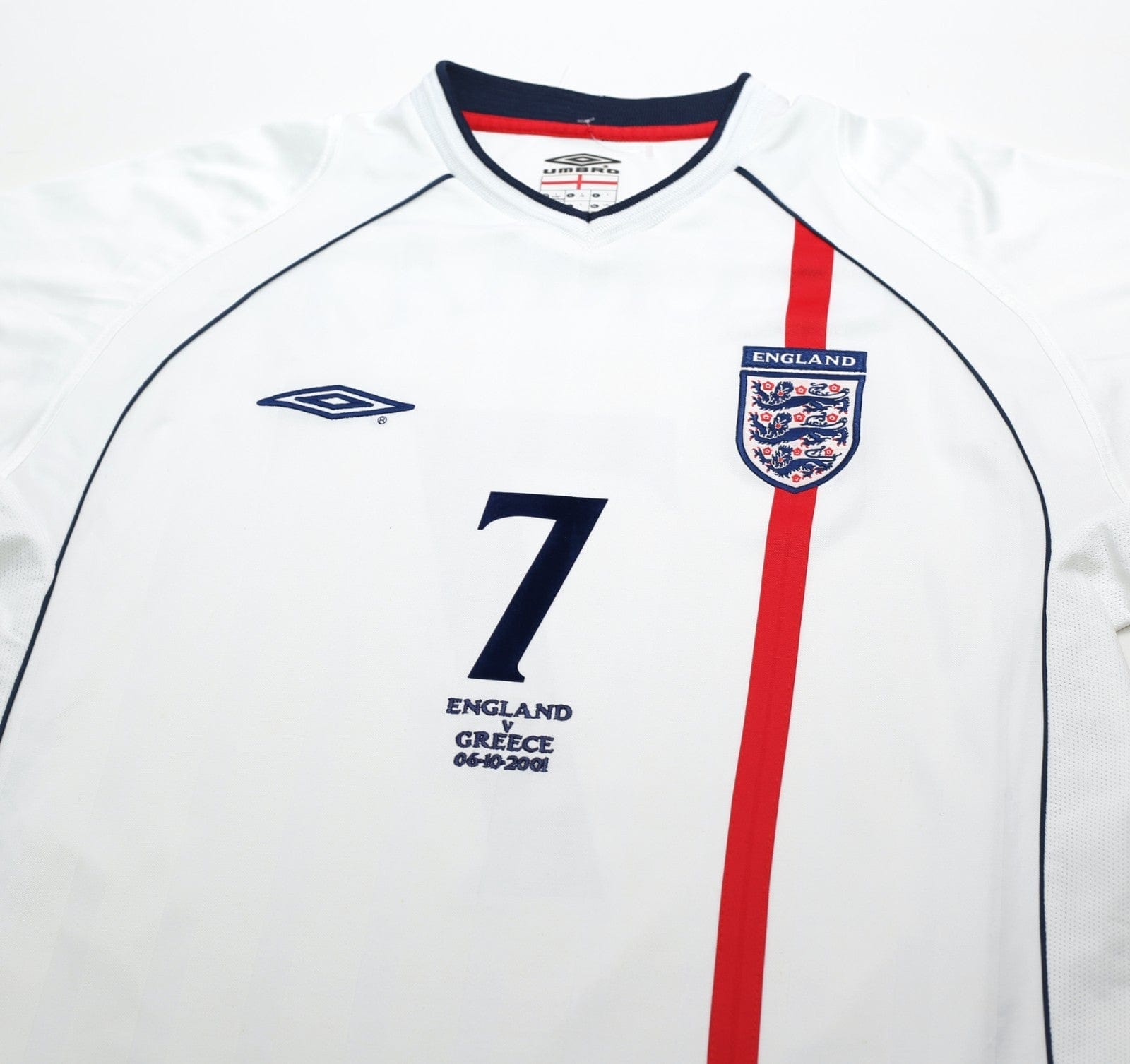 2001/03 BECKHAM #7 England Vintage Umbro Home Greece Football Shirt (L) WC 2002