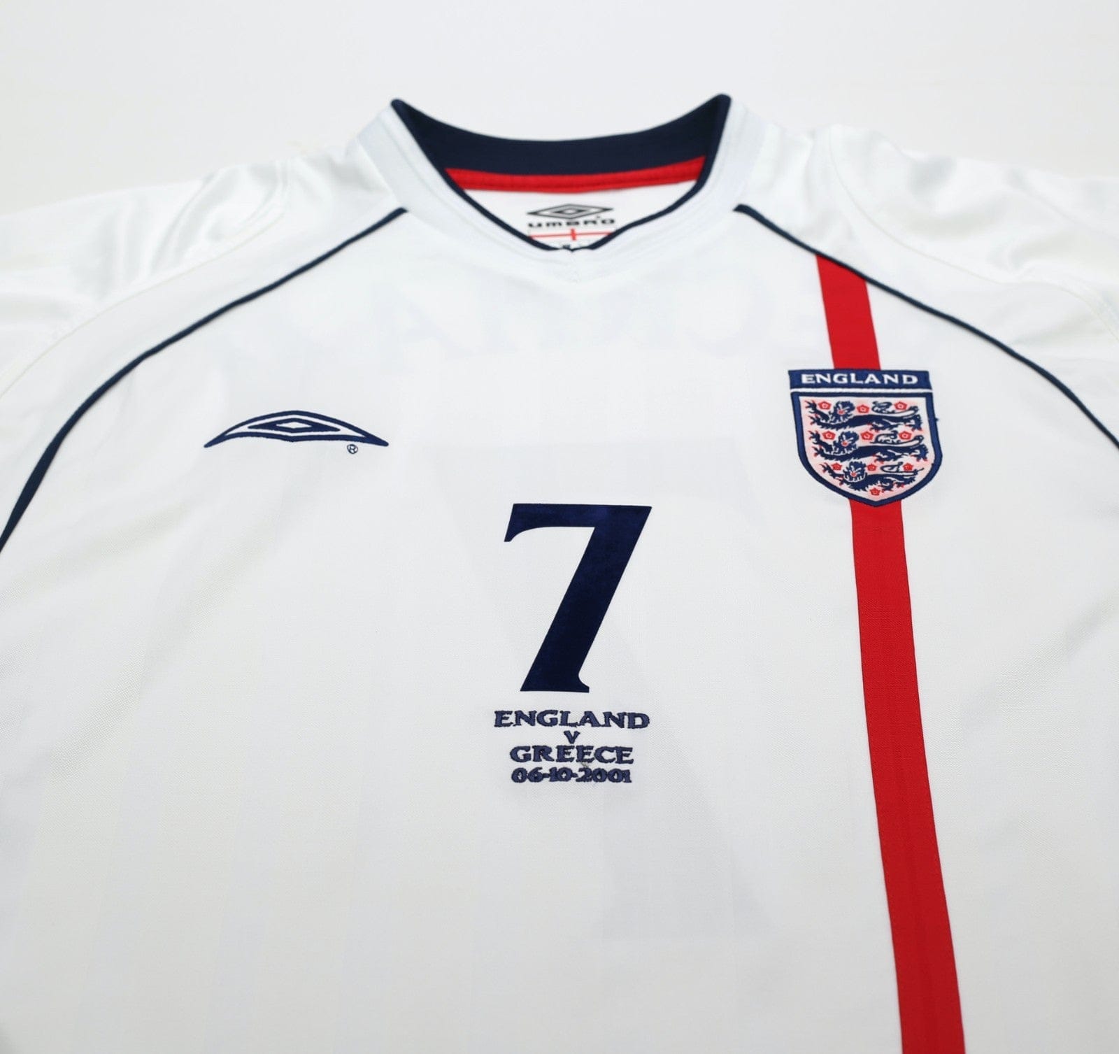 2001/03 BECKHAM #7 England Vintage Umbro Home Greece Football Shirt (L) WC 2002