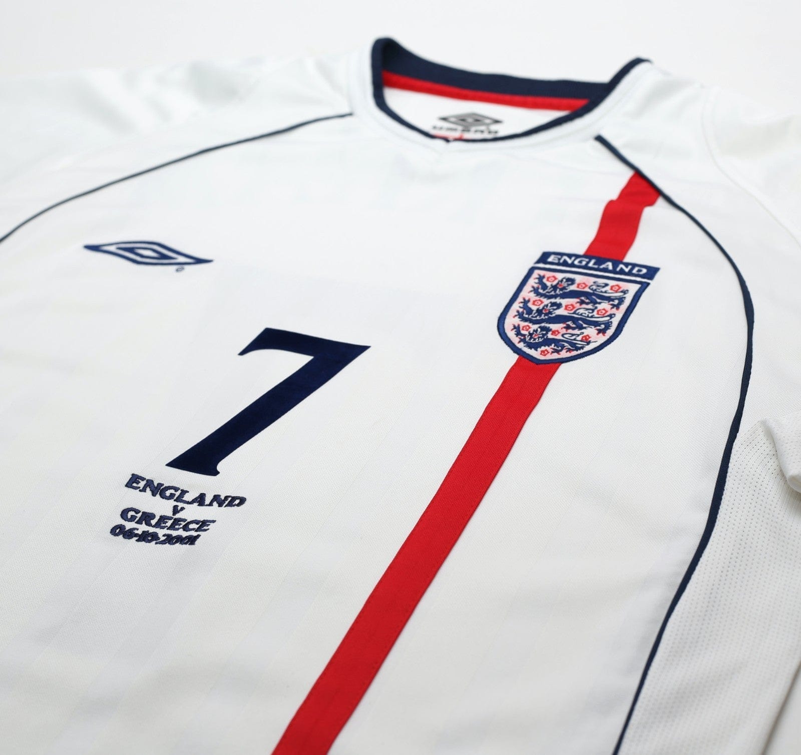 2001/03 BECKHAM #7 England Vintage Umbro Home Greece Football Shirt (M) WC 2002