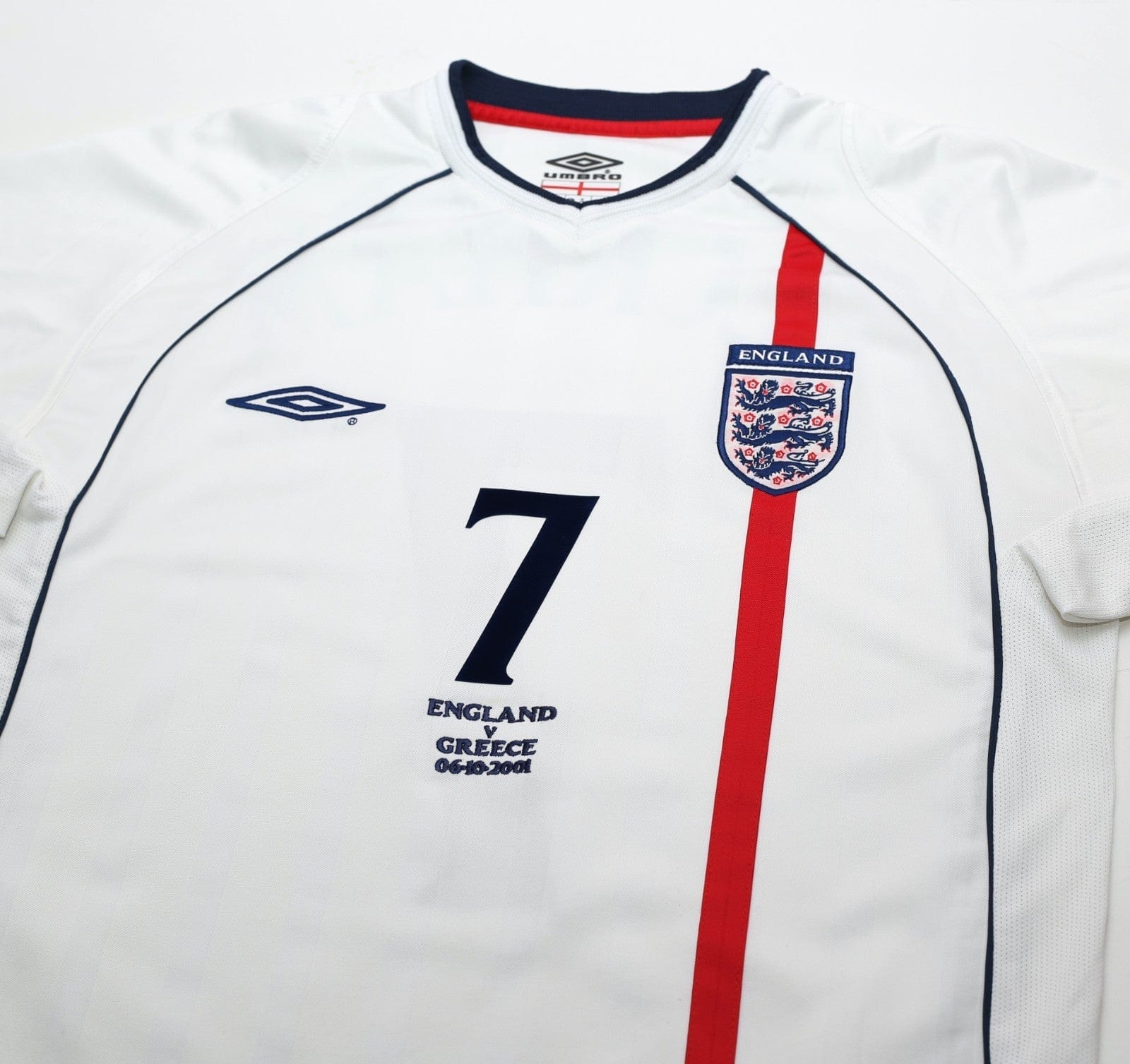 2001/03 BECKHAM #7 England Vintage Umbro Home Greece Football Shirt (M) WC 2002