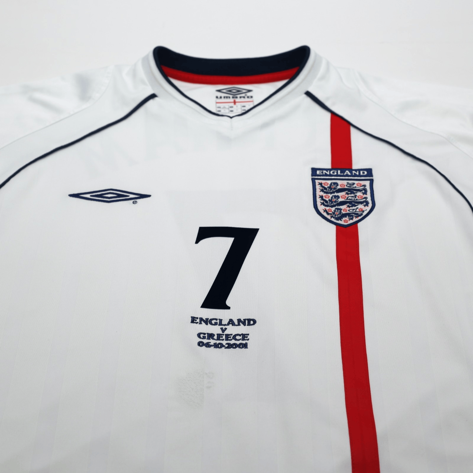 2001/03 Beckham #7 England Vintage Umbro Home Greece Football Shirt (XL) 2002 WC