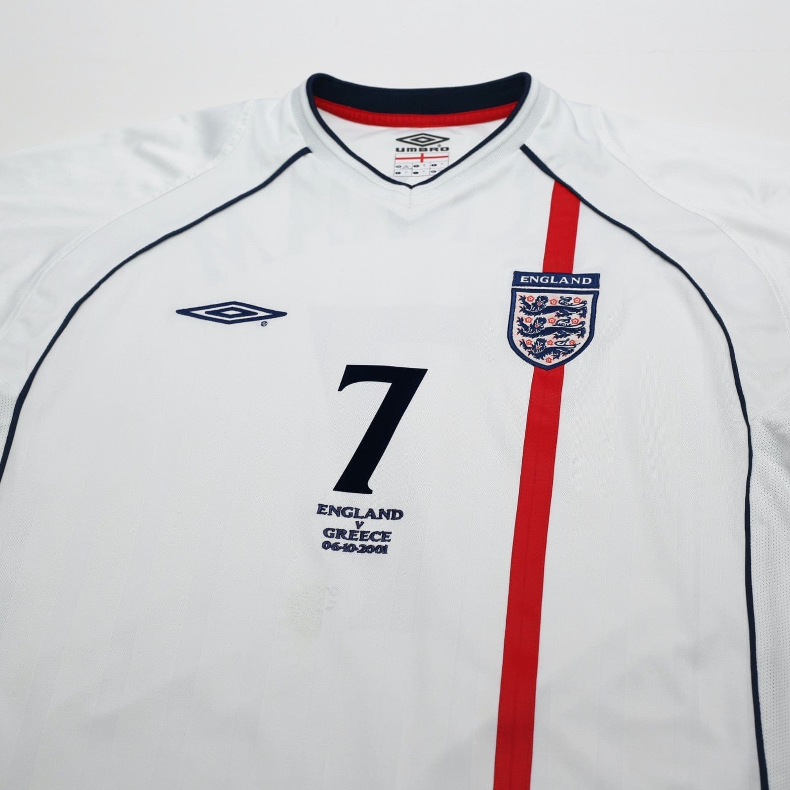 2001/03 Beckham #7 England Vintage Umbro Home Greece Football Shirt (XL) 2002 WC