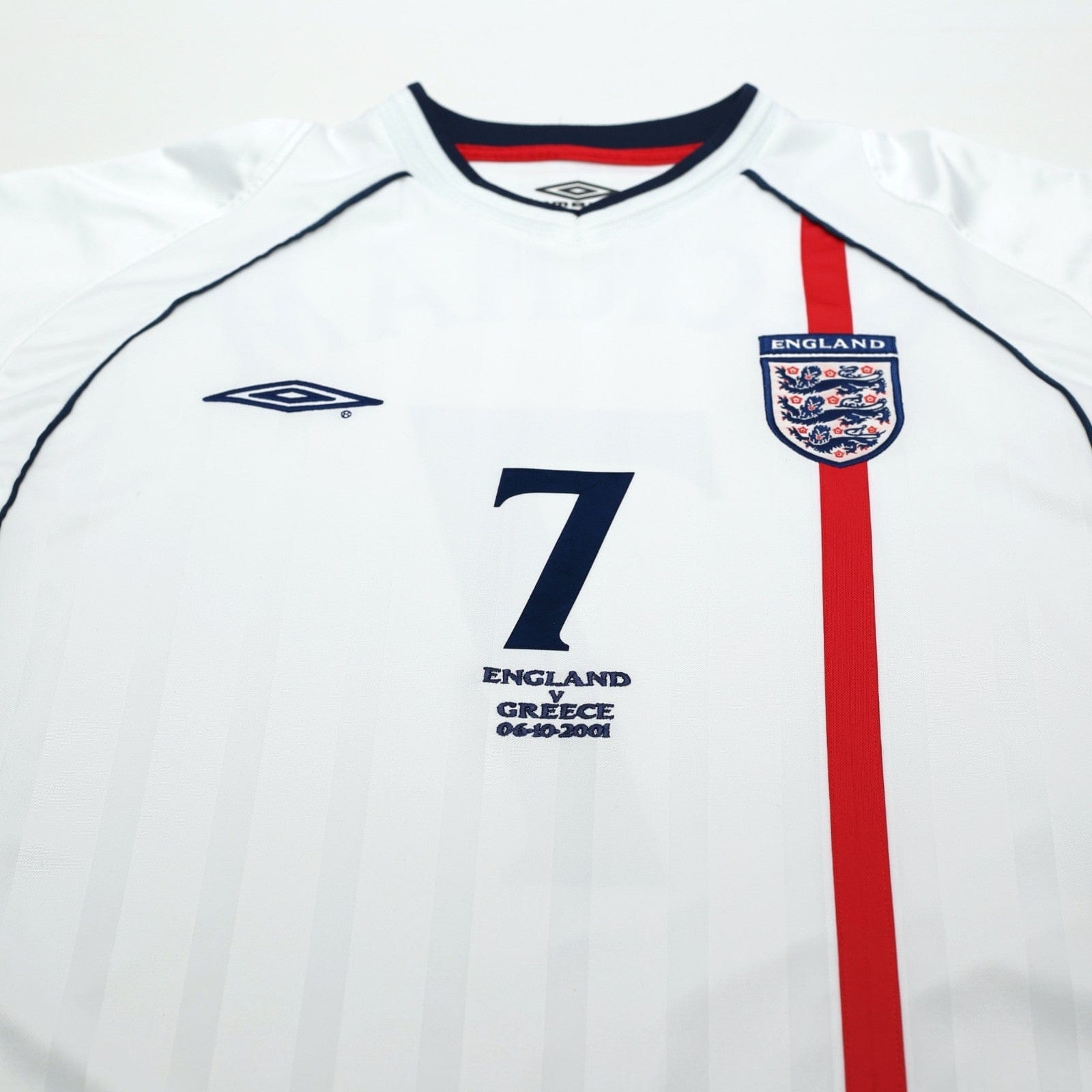 2001/03 Beckham #7 England Vintage Umbro L/S Home Greece Football Shirt (L)