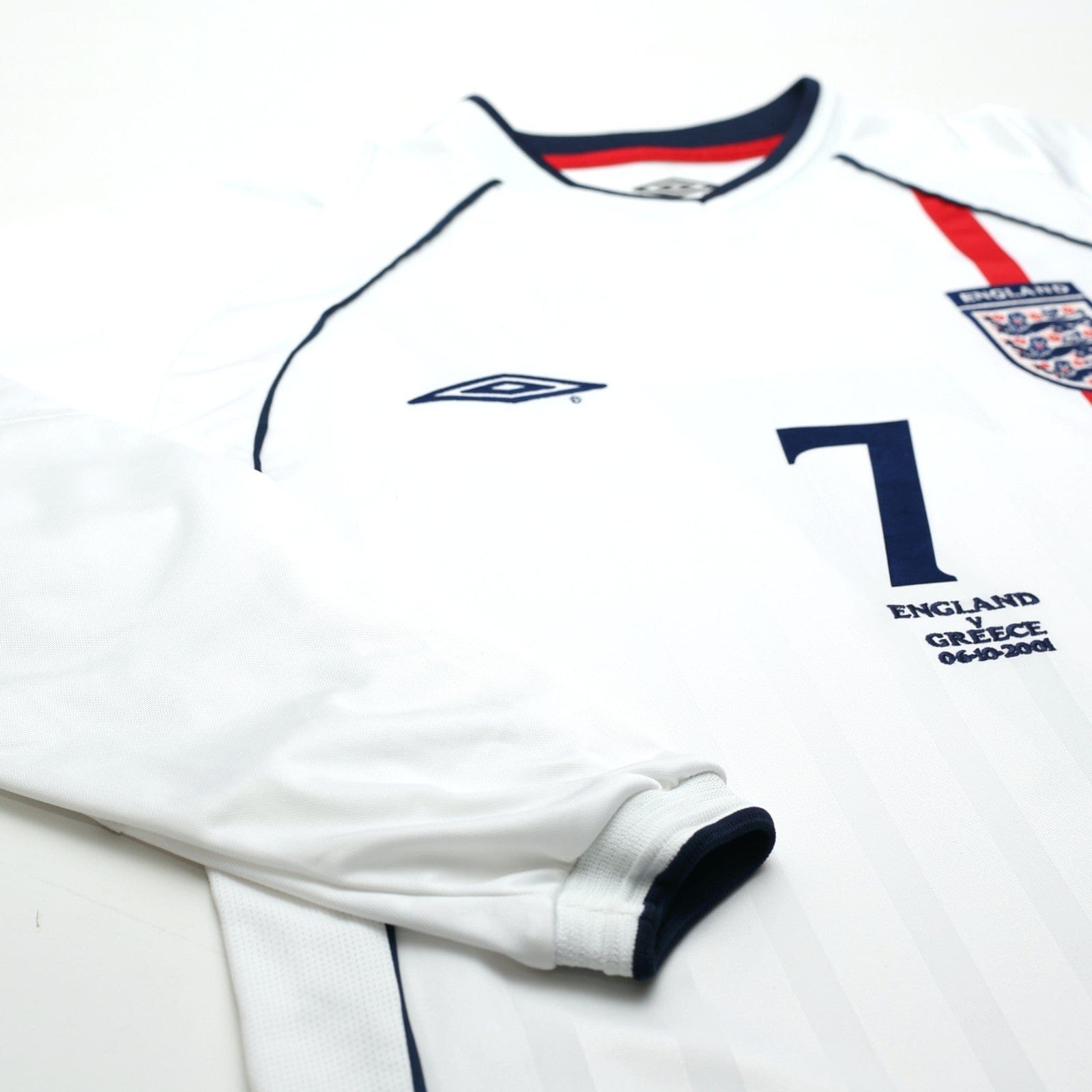 2001/03 Beckham #7 England Vintage Umbro L/S Home Greece Football Shirt (L)