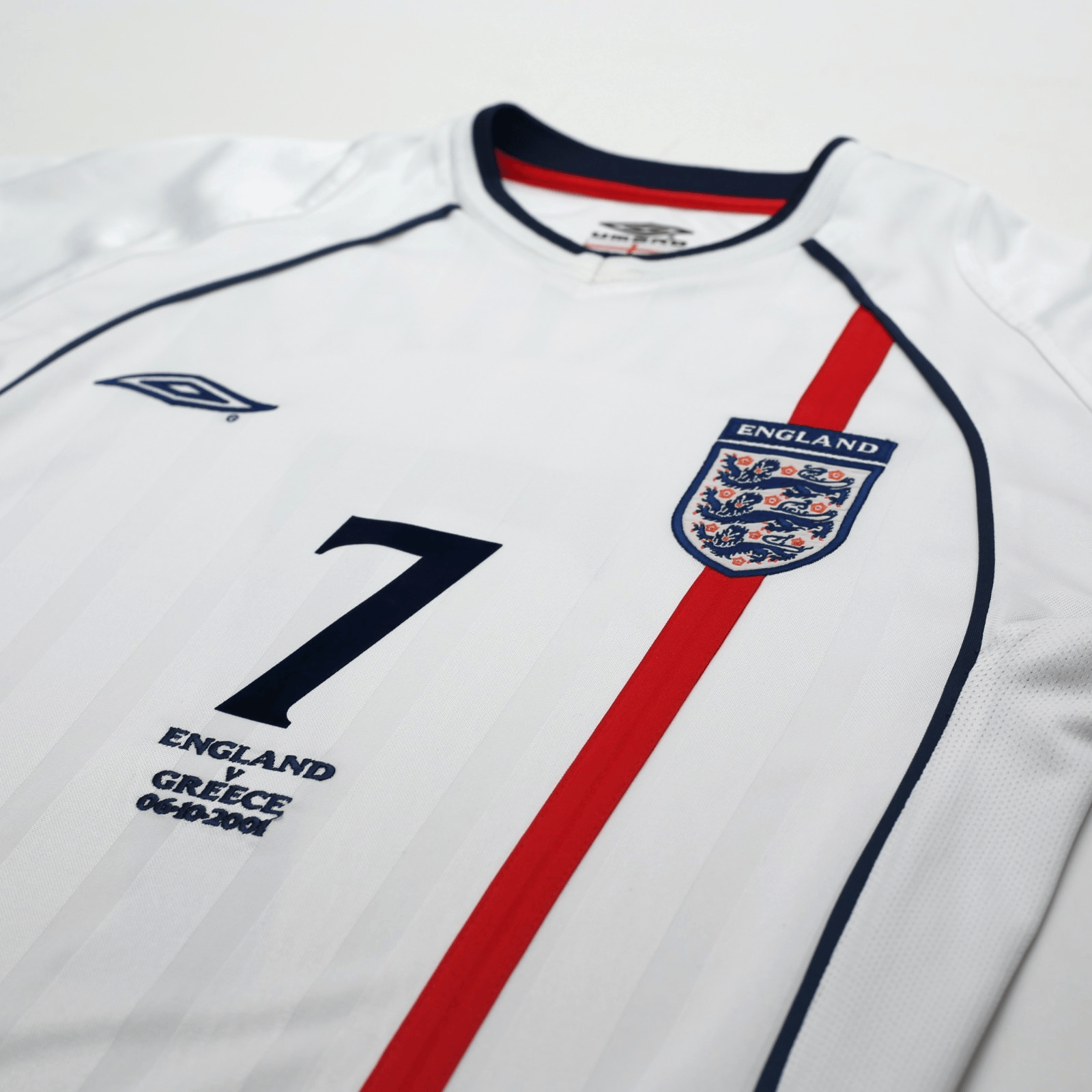 2001/03 Beckham #7 England Vintage Umbro L/S Home Greece Football Shirt (S)