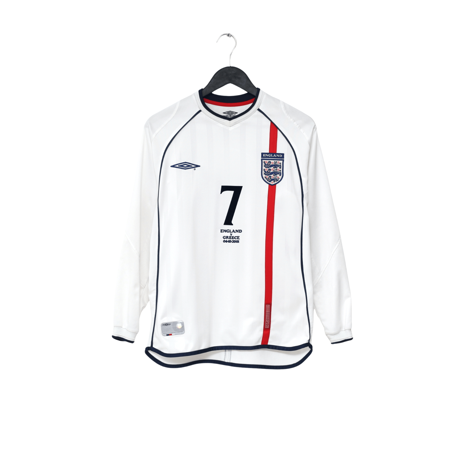2001/03 Beckham #7 England Vintage Umbro L/S Home Greece Football Shirt (S)