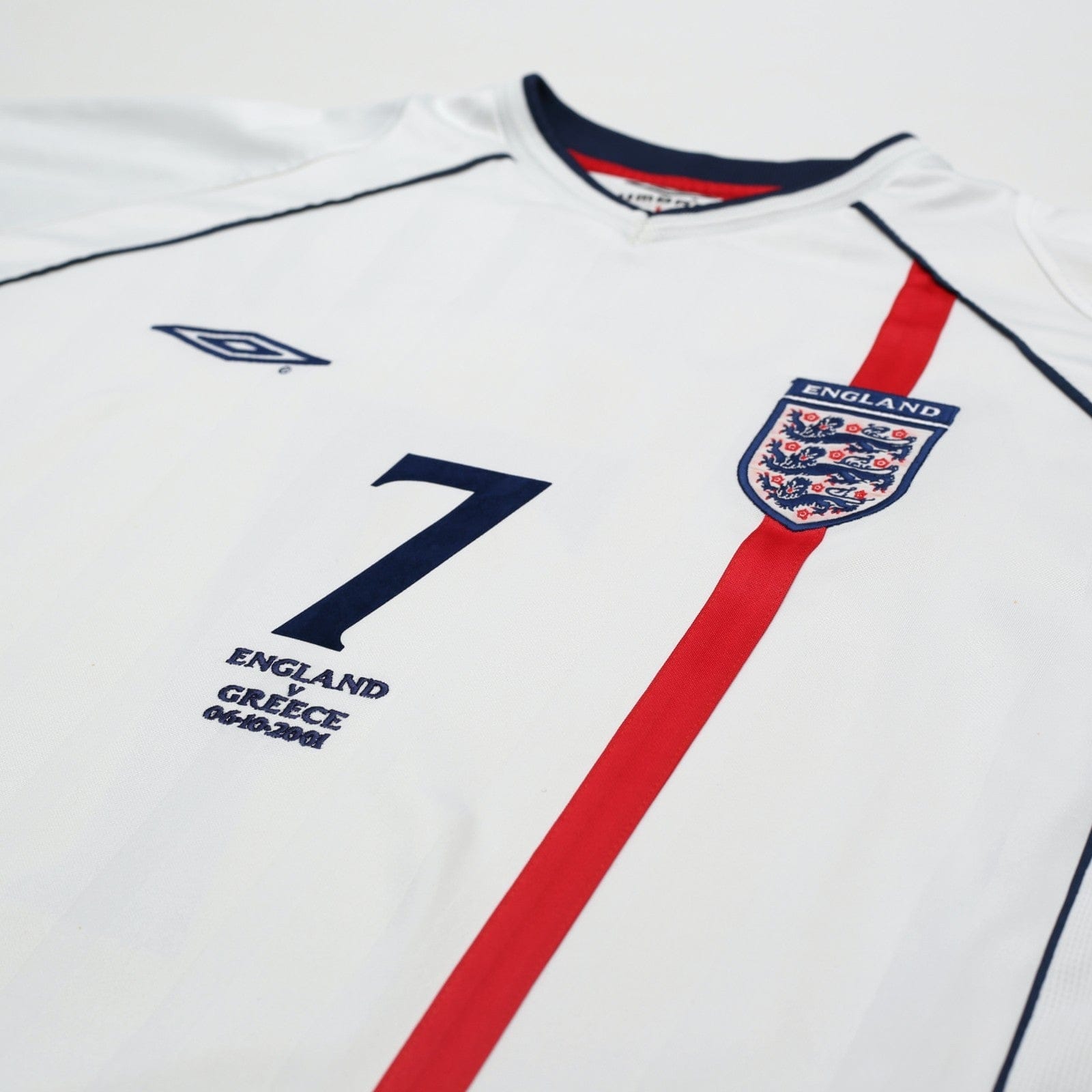2001/03 Beckham #7 England Vintage Umbro L/S Home Greece Football Shirt (XL)