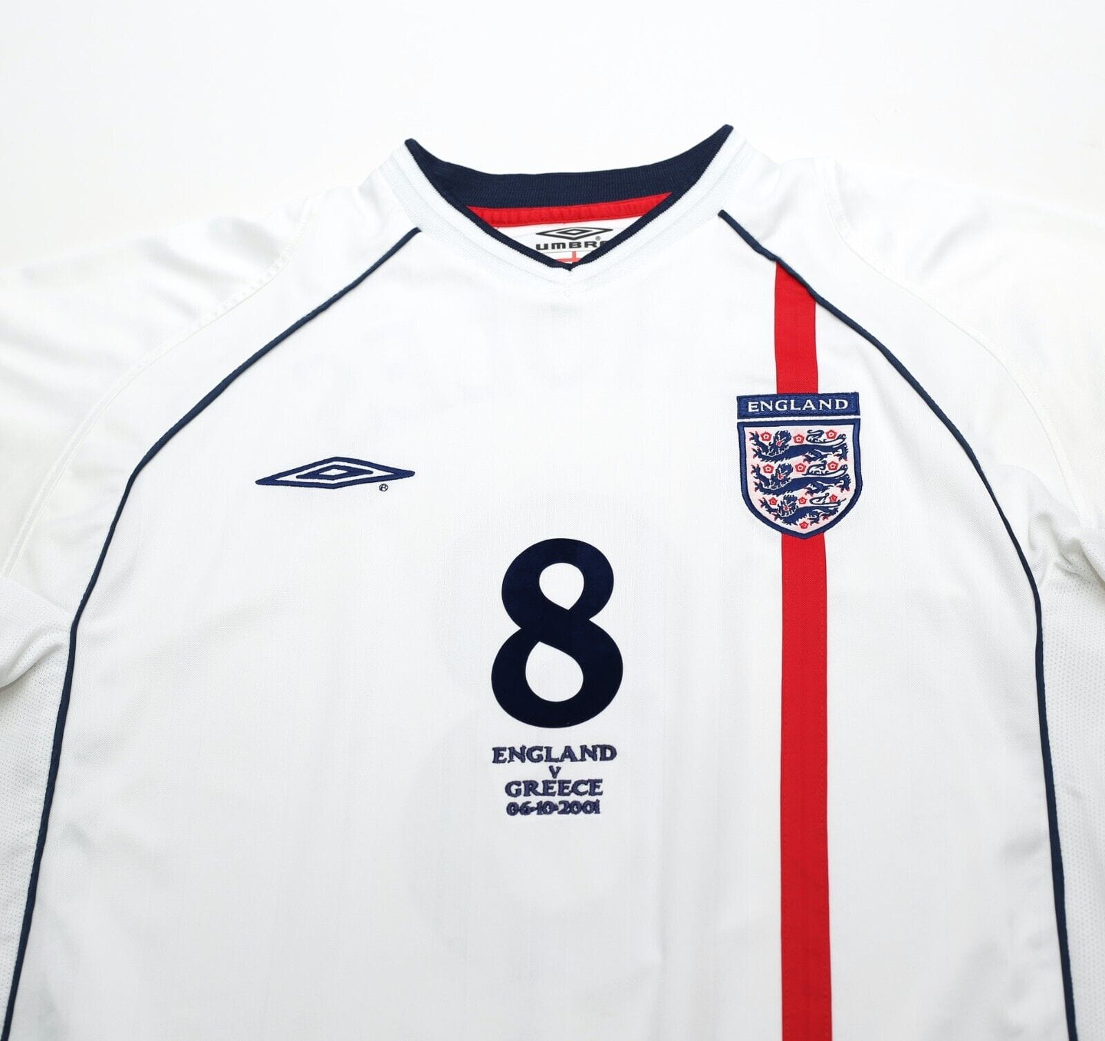 2001/03 SCHOLES #8 England Vintage Umbro Home Greece Football Shirt (L) WC 2002