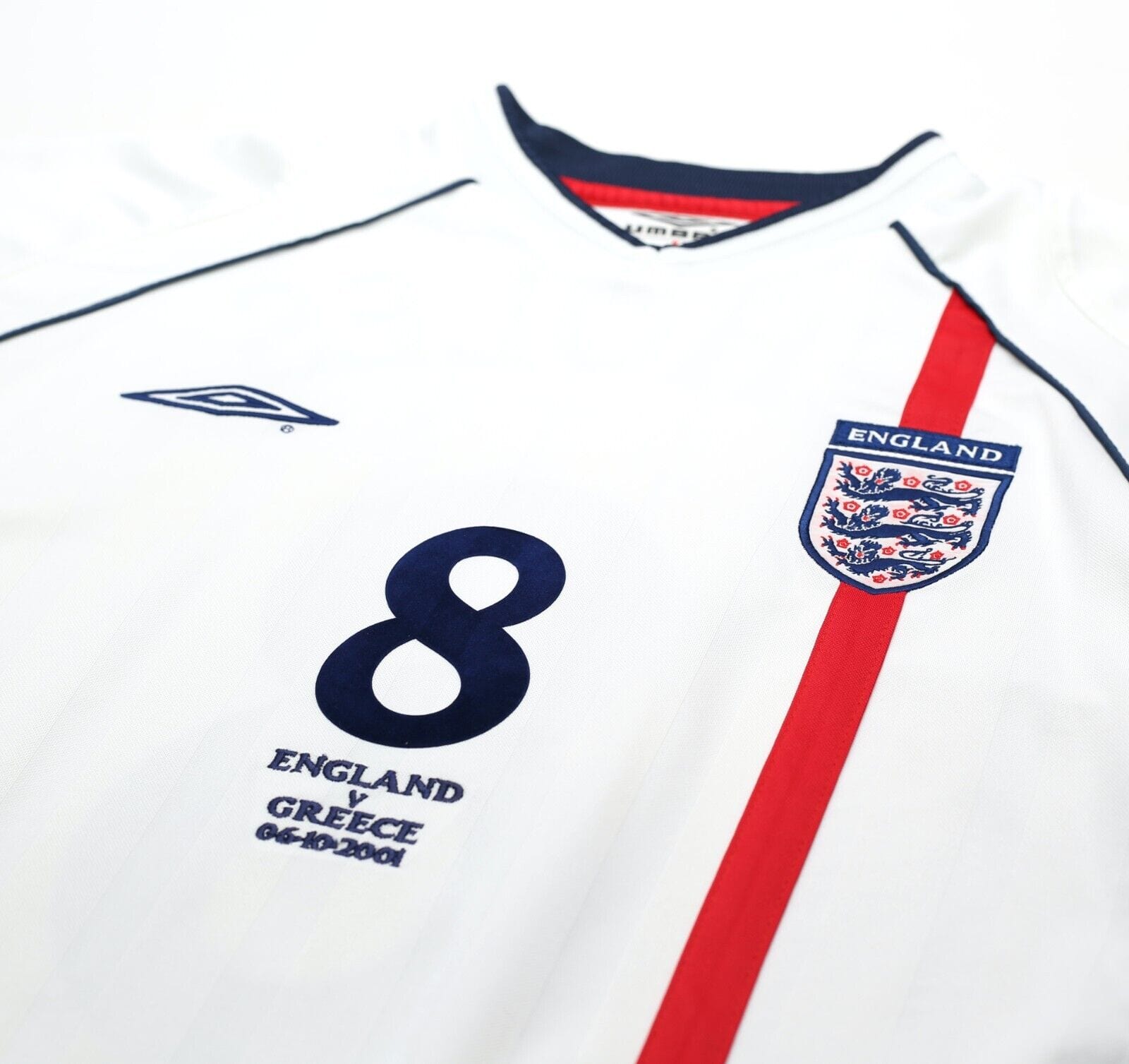 2001/03 SCHOLES #8 England Vintage Umbro Home Greece Football Shirt (L) WC 2002