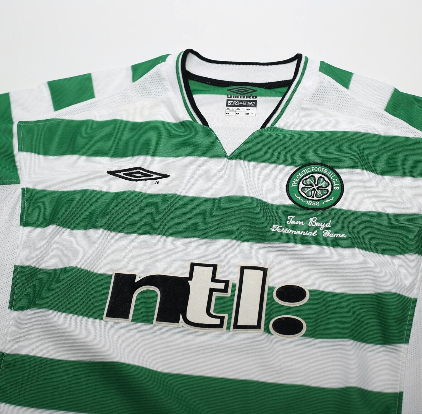 2001 LARSSON #7 Celtic Umbro Home Football Shirt (L) TOM BOYD TESTIMONIAL