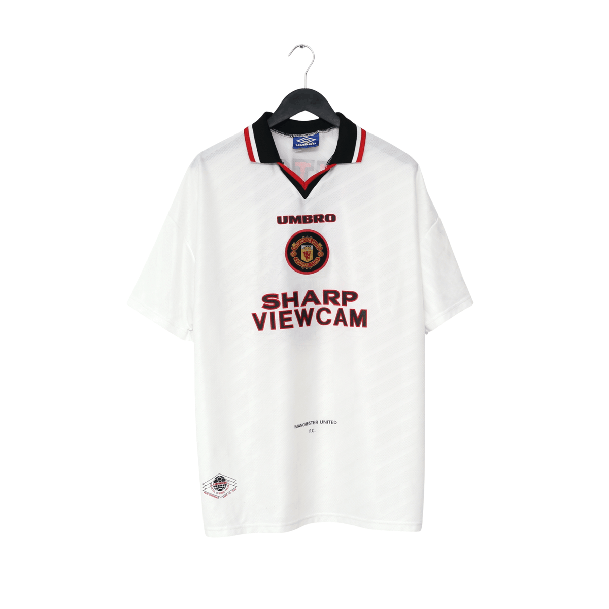 1996/97 Cantona #7 Manchester United Umbro away football shirt in white with black and red trim