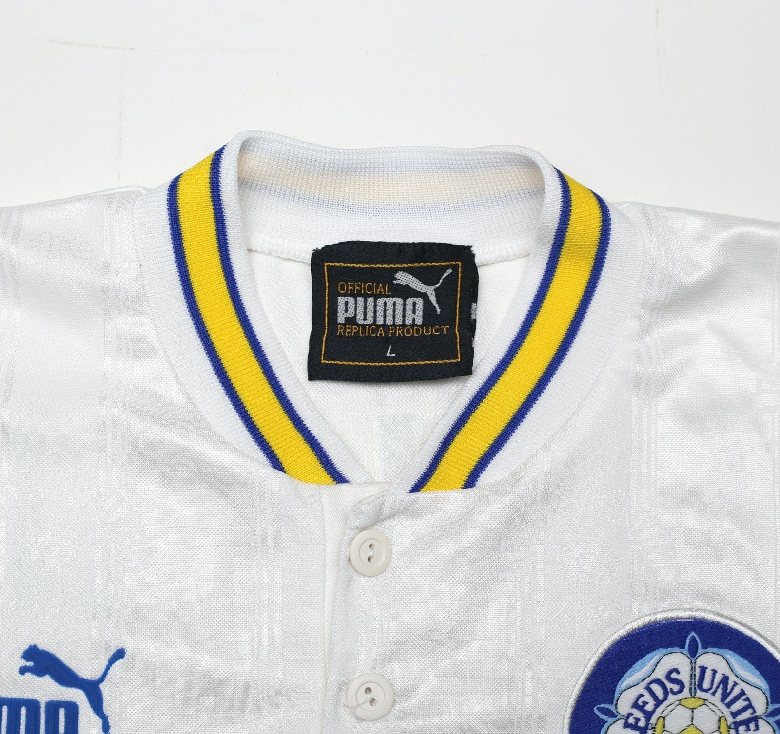 1996/98 HASSELBAINK #9 Leeds United Vintage PUMA Home Football Shirt (L)