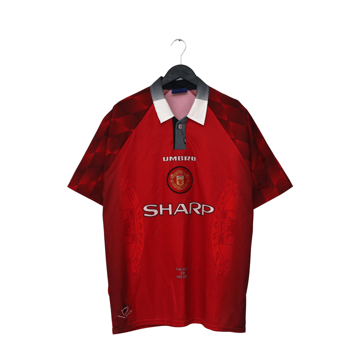 1996/98 Manchester United Umbro home football shirt in red with white collar and Sharp sponsor