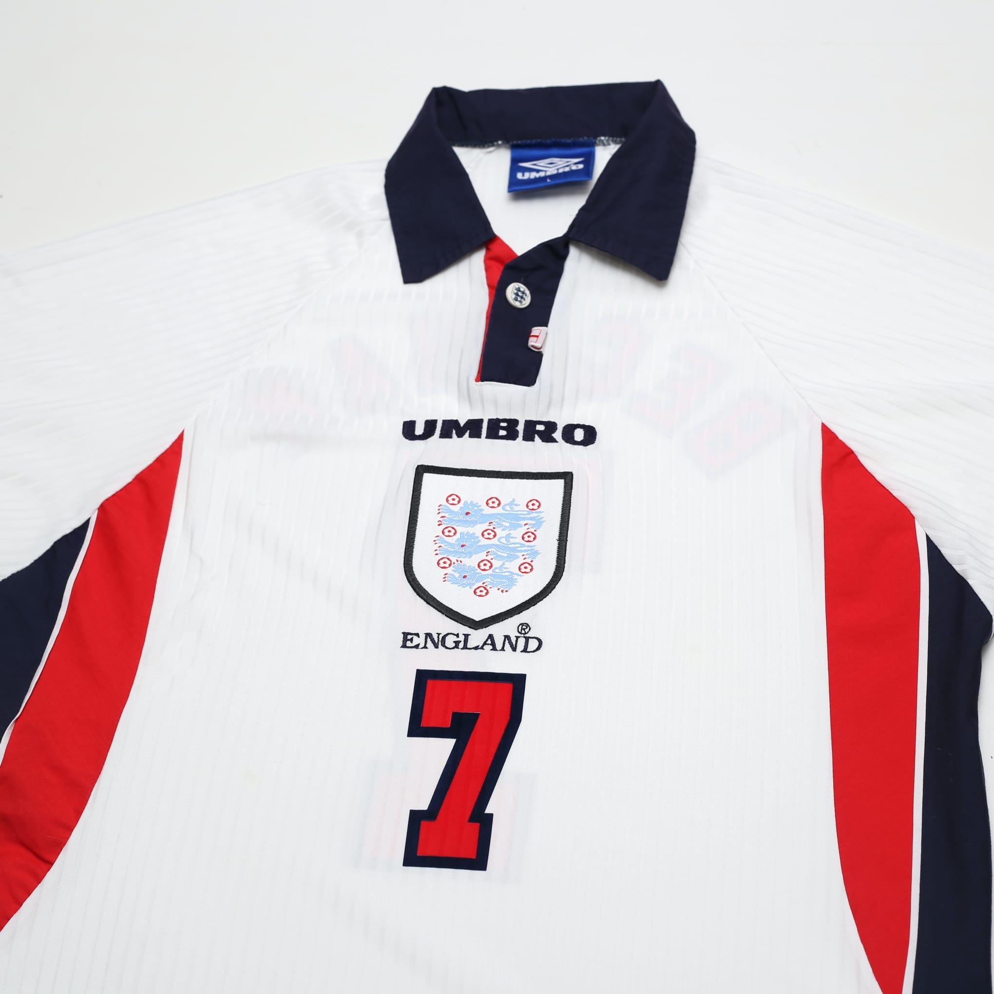 1997/99 Beckham #7 England Vintage Umbro Home Football Shirt (M/L) WC 1998