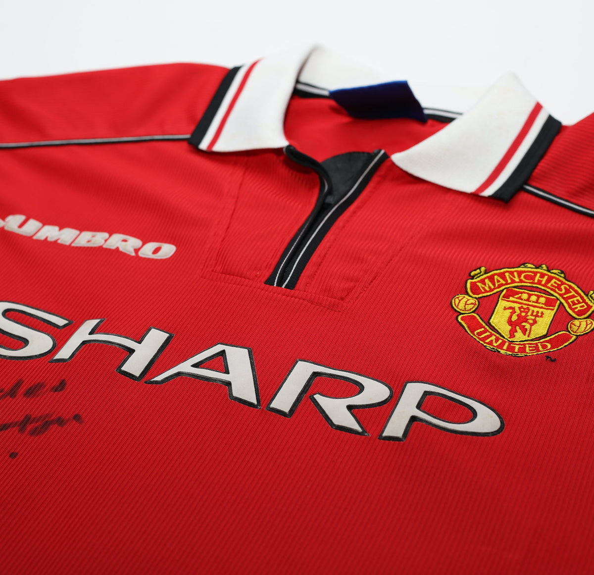 1998/00 BECKHAM #7 Manchester United Home Football Shirt (L) SIGNED John Ashton