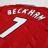 1999 Beckham #7 Manchester United adidas Icons L/S Treble Football Shirt (L/XL)