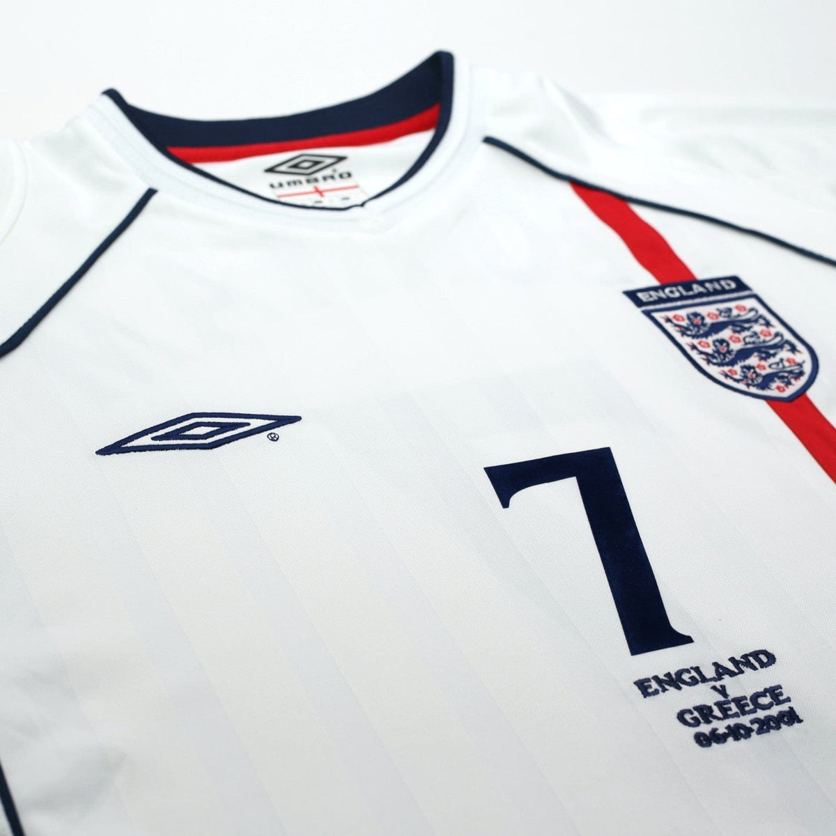 2001/03 Beckham #7 England Vintage Umbro Home Greece Football Shirt (L)