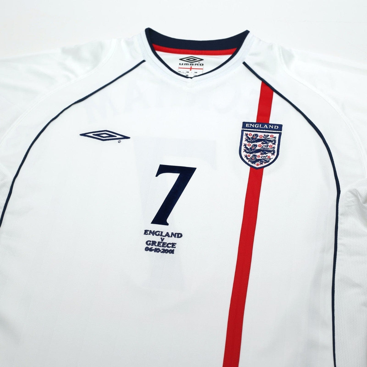 2001/03 Beckham #7 England Vintage Umbro Home Greece Football Shirt (L)