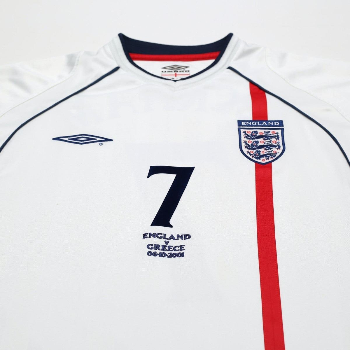 2001/03 Beckham #7 England Vintage Umbro Home Greece Football Shirt (L)