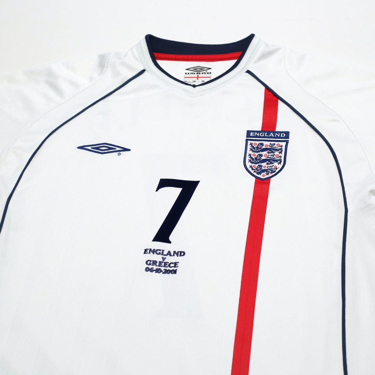 2001/03 Beckham #7 England Vintage Umbro Home Greece Football Shirt (L)