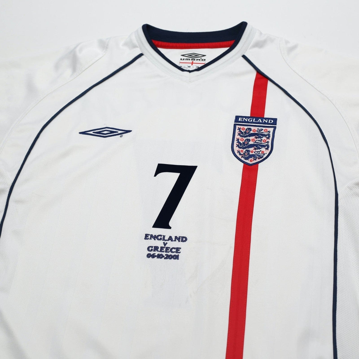 2001/03 Beckham #7 England Vintage Umbro Home Greece Football Shirt (L)