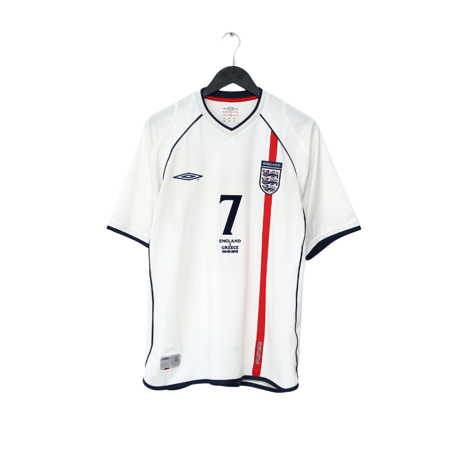 2001/03 BECKHAM #7 England Vintage Umbro Home Greece Football Shirt (L) WC 2002