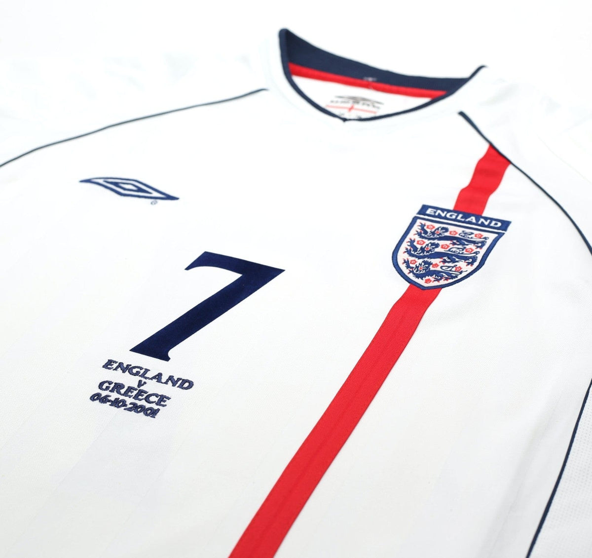 2001/03 BECKHAM #7 England Vintage Umbro Home Greece Football Shirt (L) WC 2002