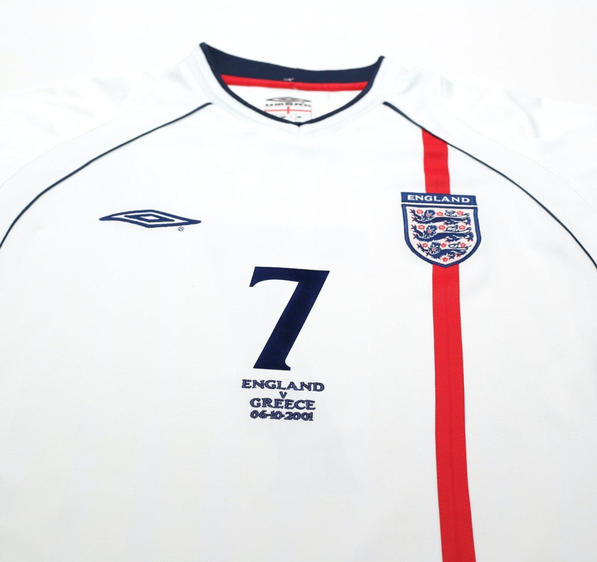 2001/03 BECKHAM #7 England Vintage Umbro Home Greece Football Shirt (L) WC 2002