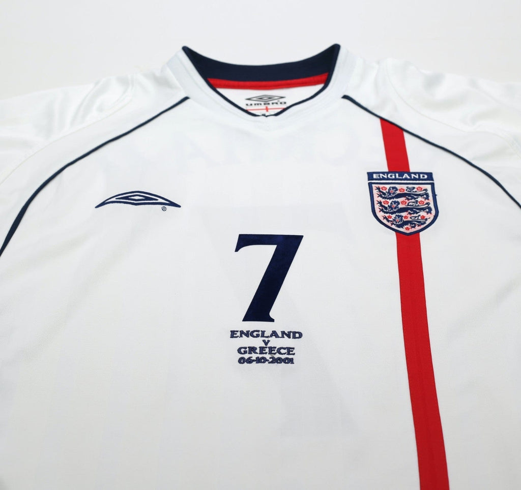 2001/03 BECKHAM #7 England Vintage Umbro Home Greece Football Shirt (L) WC 2002