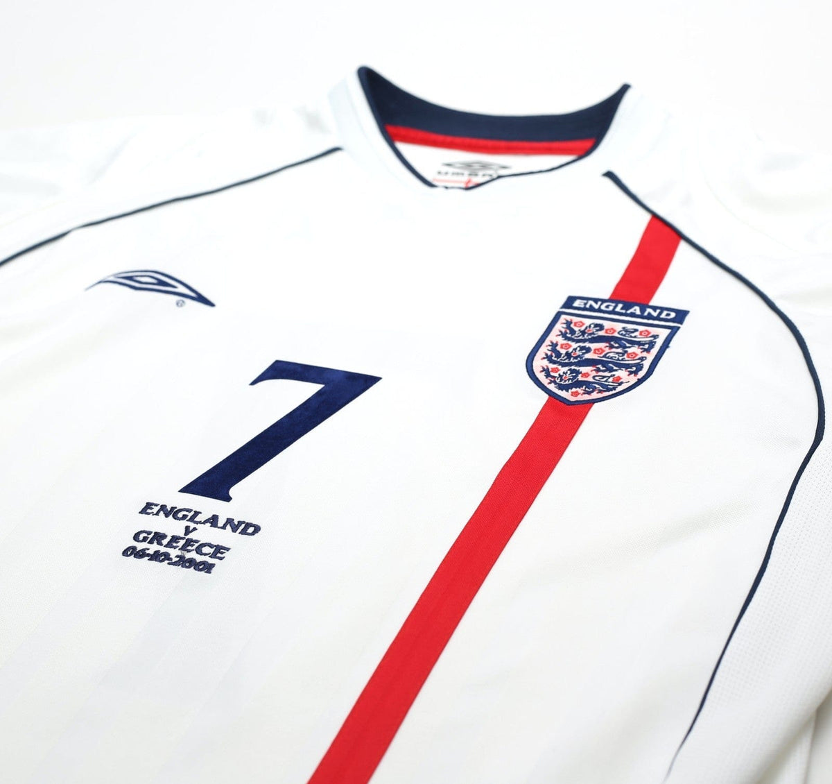 2001/03 BECKHAM #7 England Vintage Umbro Home Greece Football Shirt (L) WC 2002
