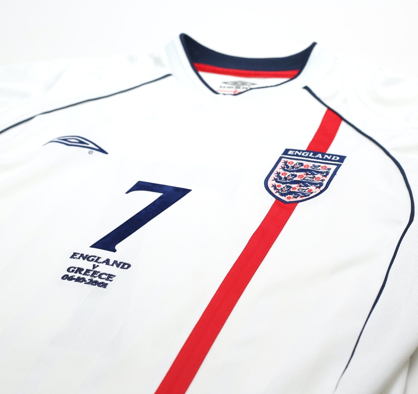 2001/03 BECKHAM #7 England Vintage Umbro Home Greece Football Shirt (L) WC 2002