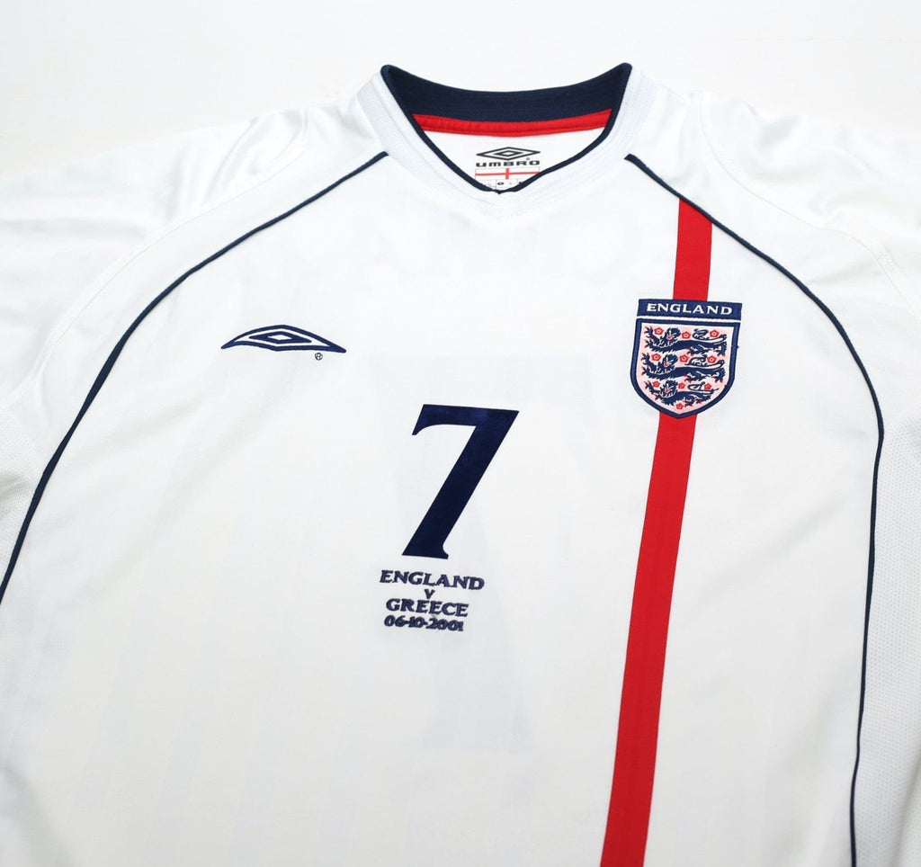 2001/03 BECKHAM #7 England Vintage Umbro Home Greece Football Shirt (L) WC 2002