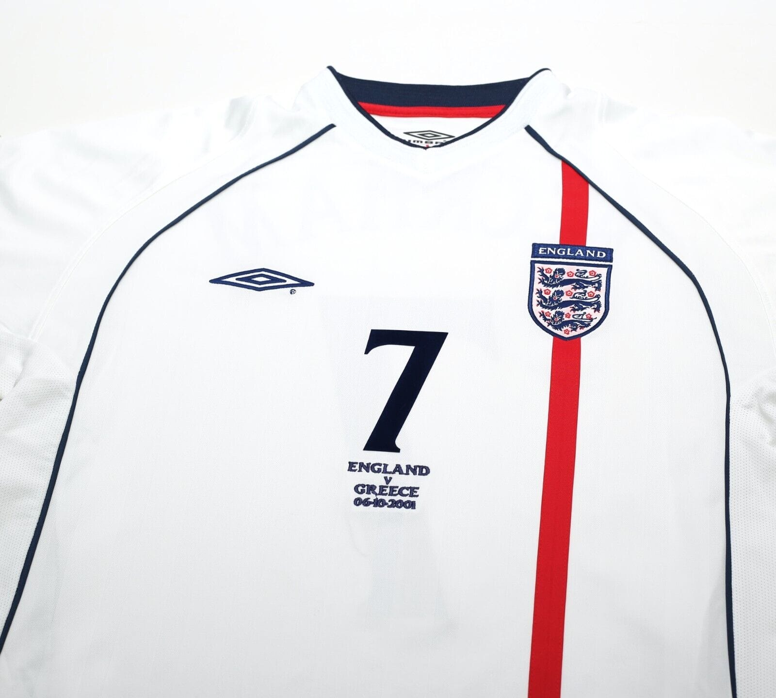 2001/03 BECKHAM #7 England Vintage Umbro Home Greece Football Shirt (L) WC 2002