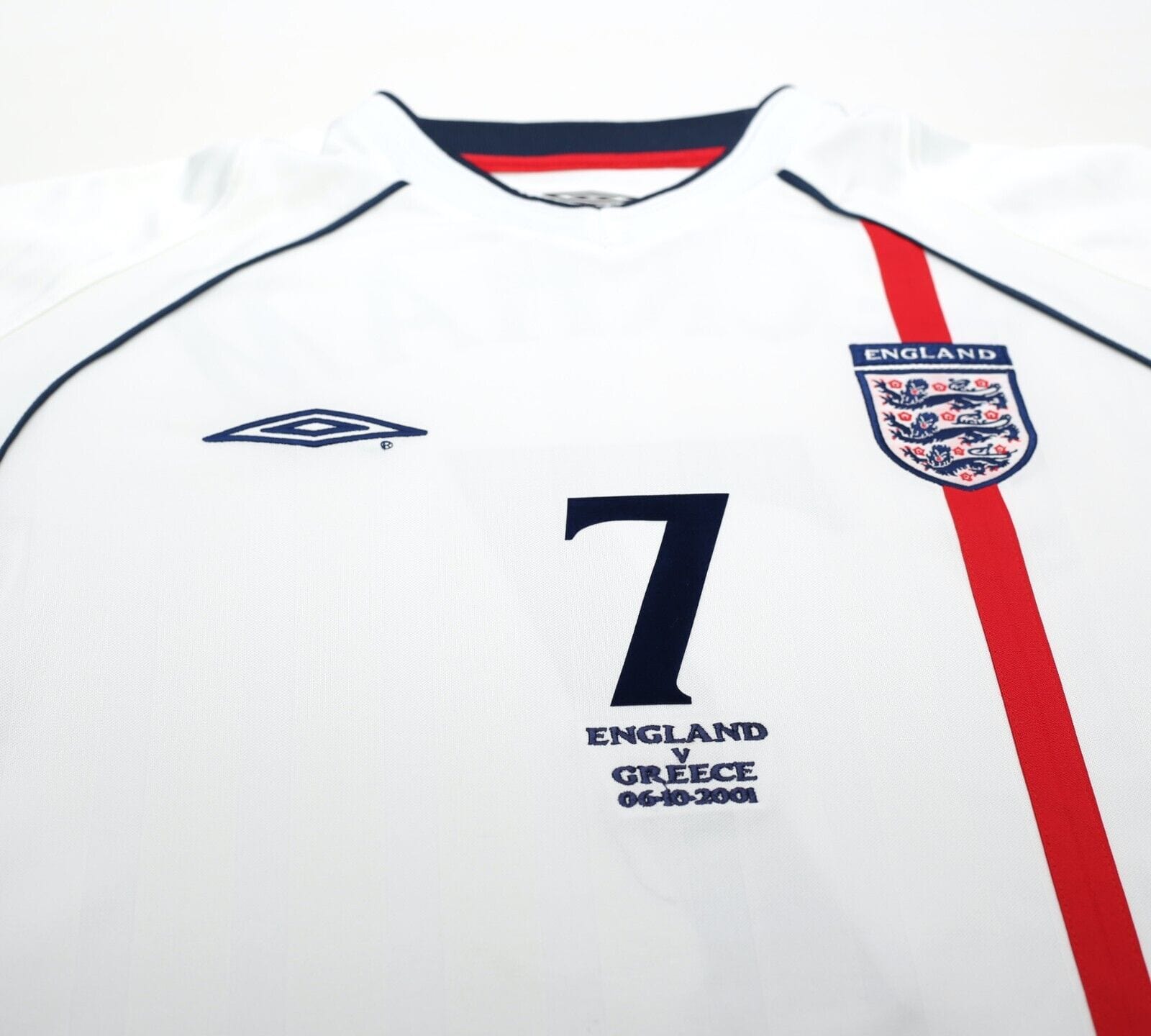 2001/03 BECKHAM #7 England Vintage Umbro Home Greece Football Shirt (L) WC 2002