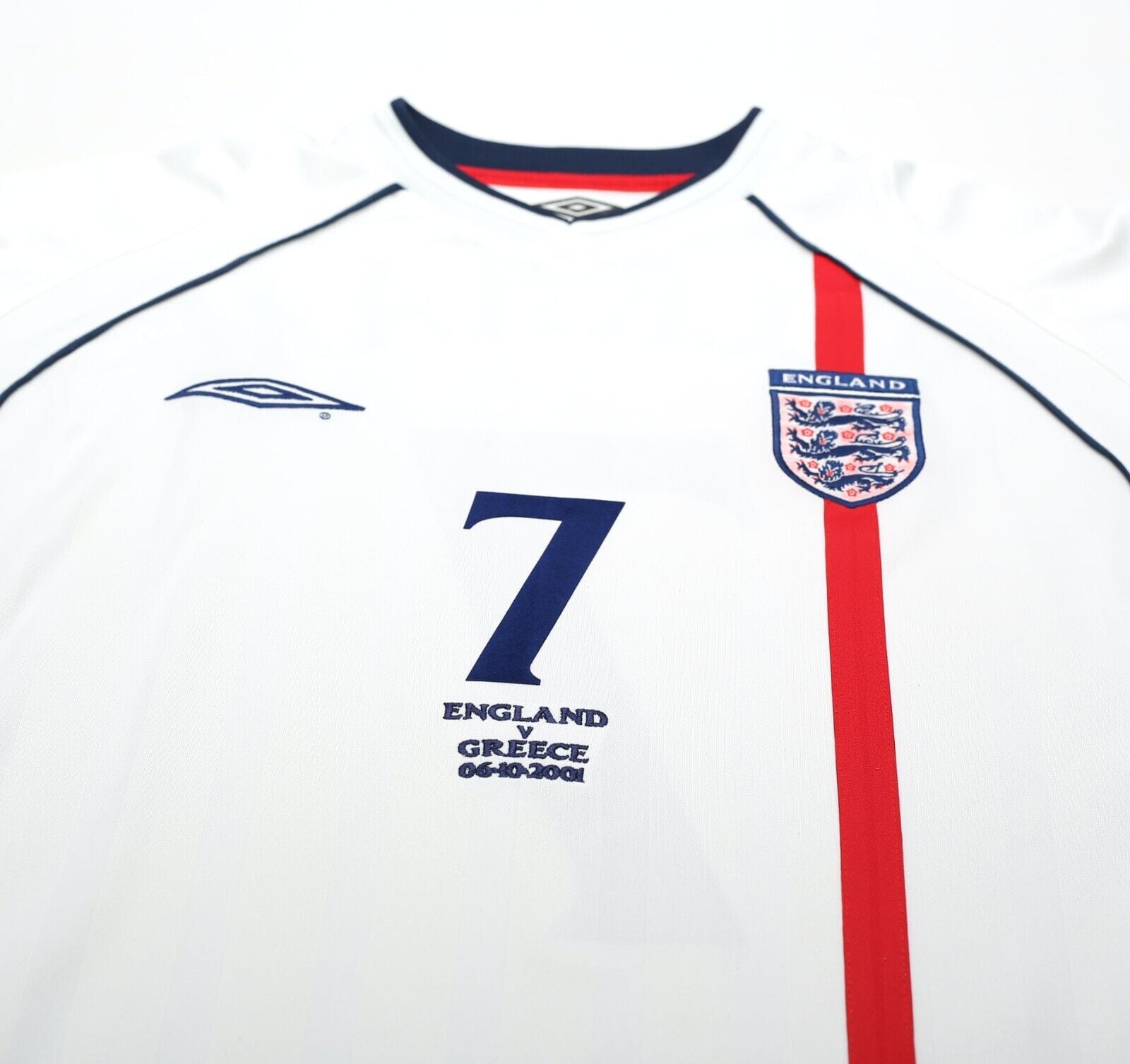 2001/03 BECKHAM #7 England Vintage Umbro Home Greece Football Shirt (L) WC 2002