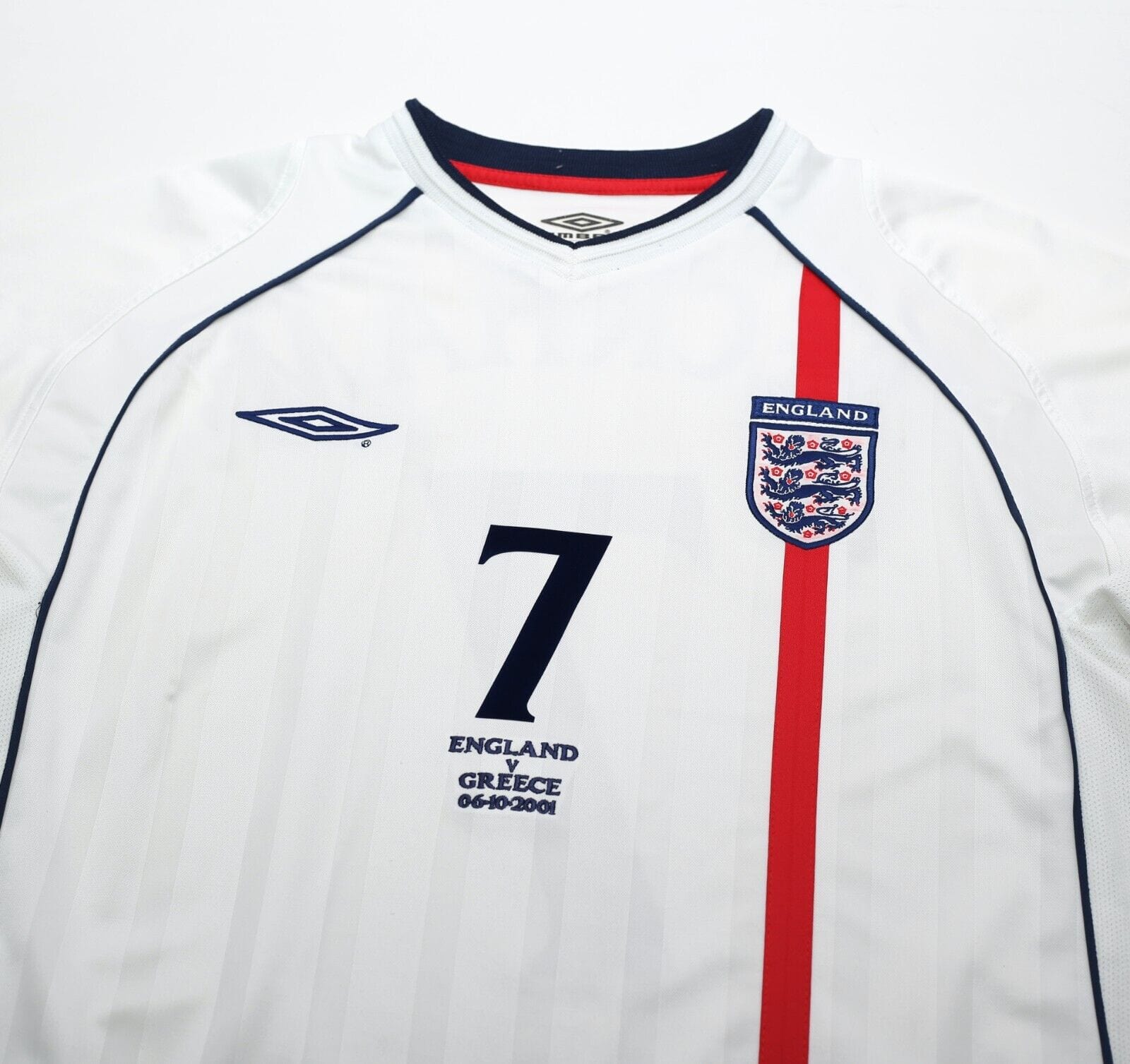 2001/03 BECKHAM #7 England Vintage Umbro Home Greece Football Shirt (L) WC 2002