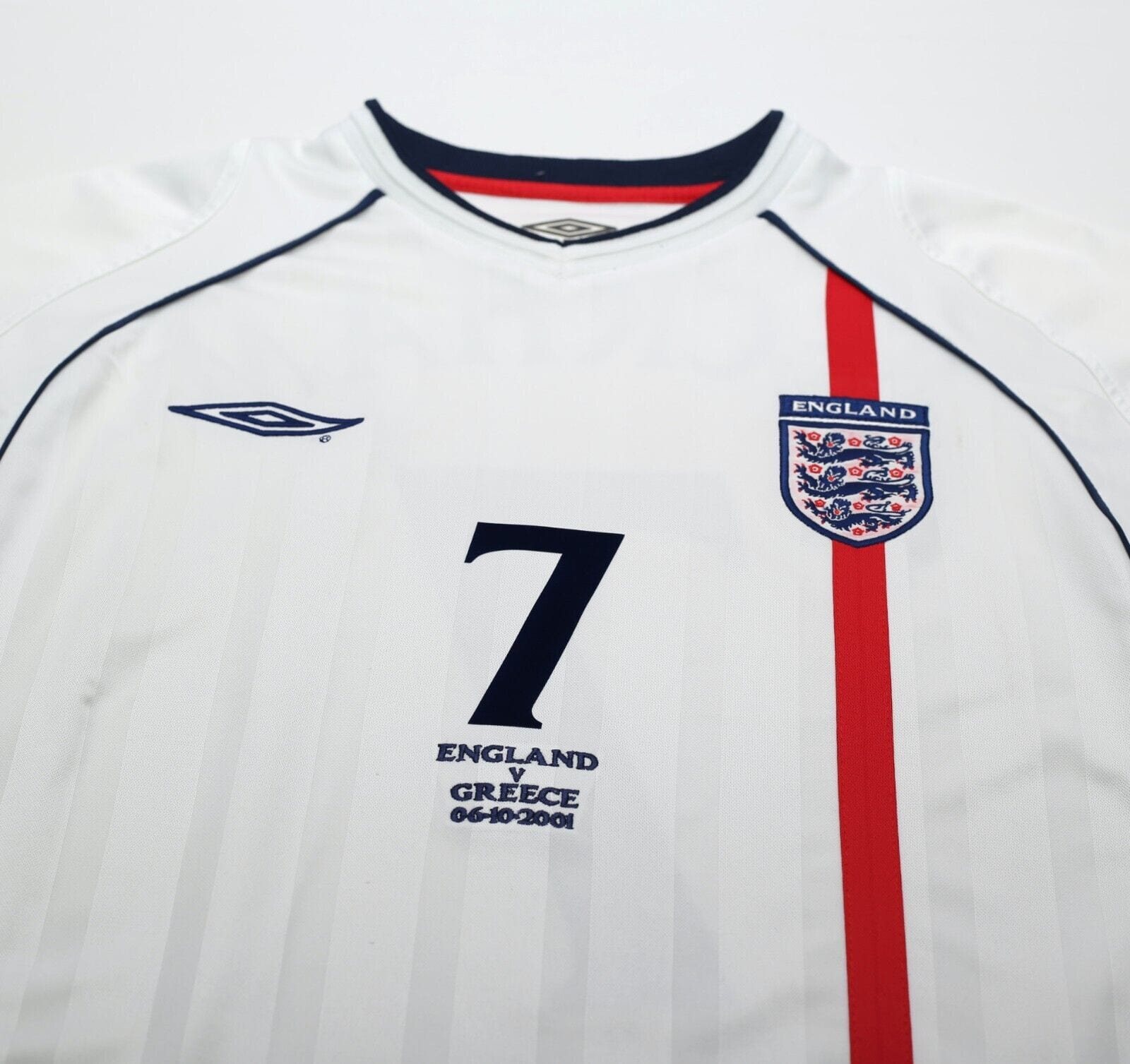 2001/03 BECKHAM #7 England Vintage Umbro Home Greece Football Shirt (L) WC 2002