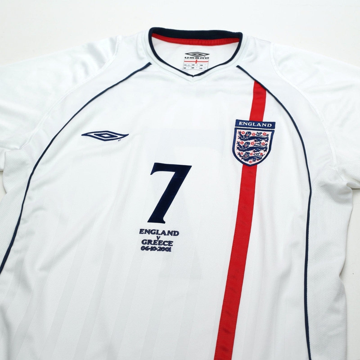 2001/03 Beckham #7 England Vintage Umbro Home Greece Football Shirt (M)