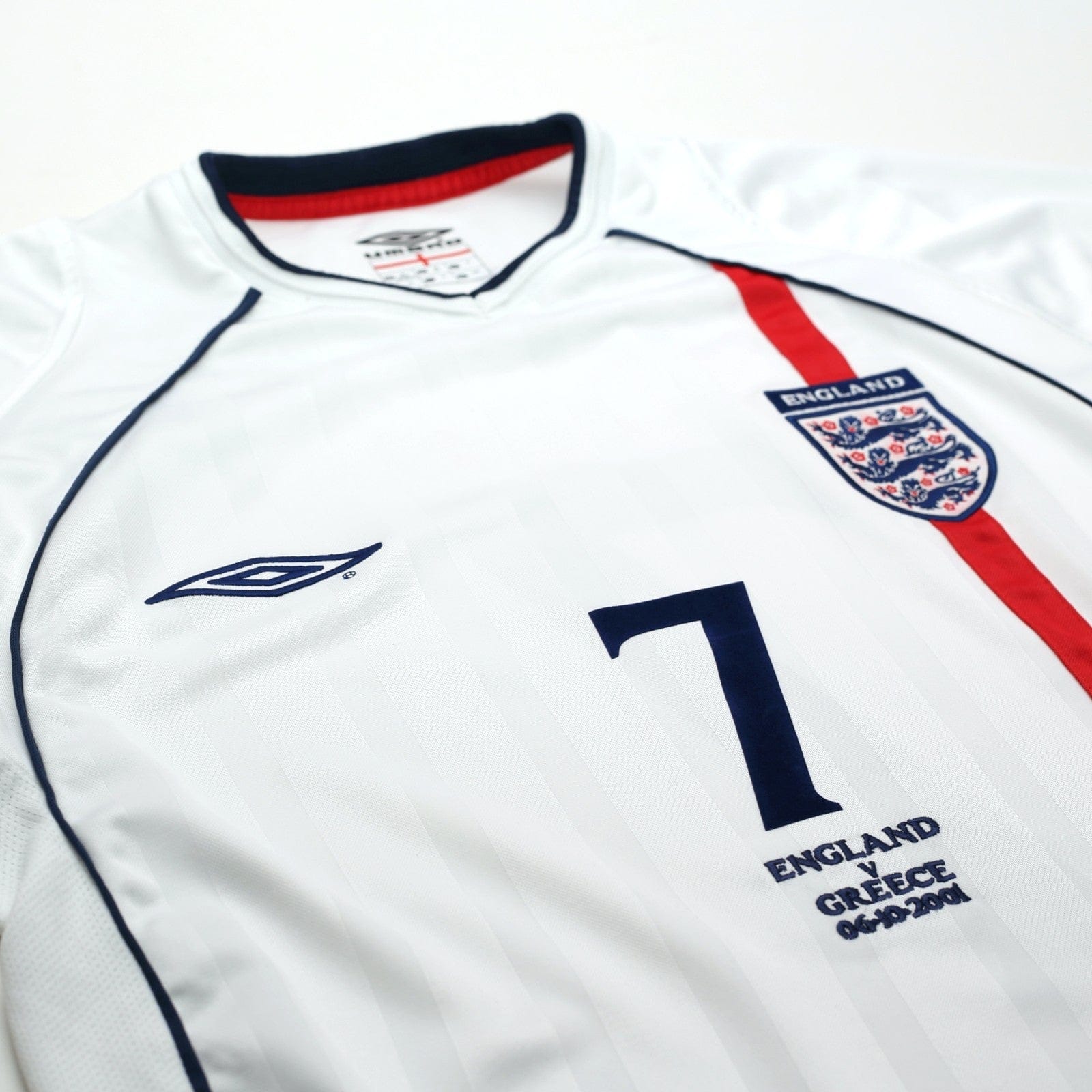2001/03 Beckham #7 England Vintage Umbro Home Greece Football Shirt (M)