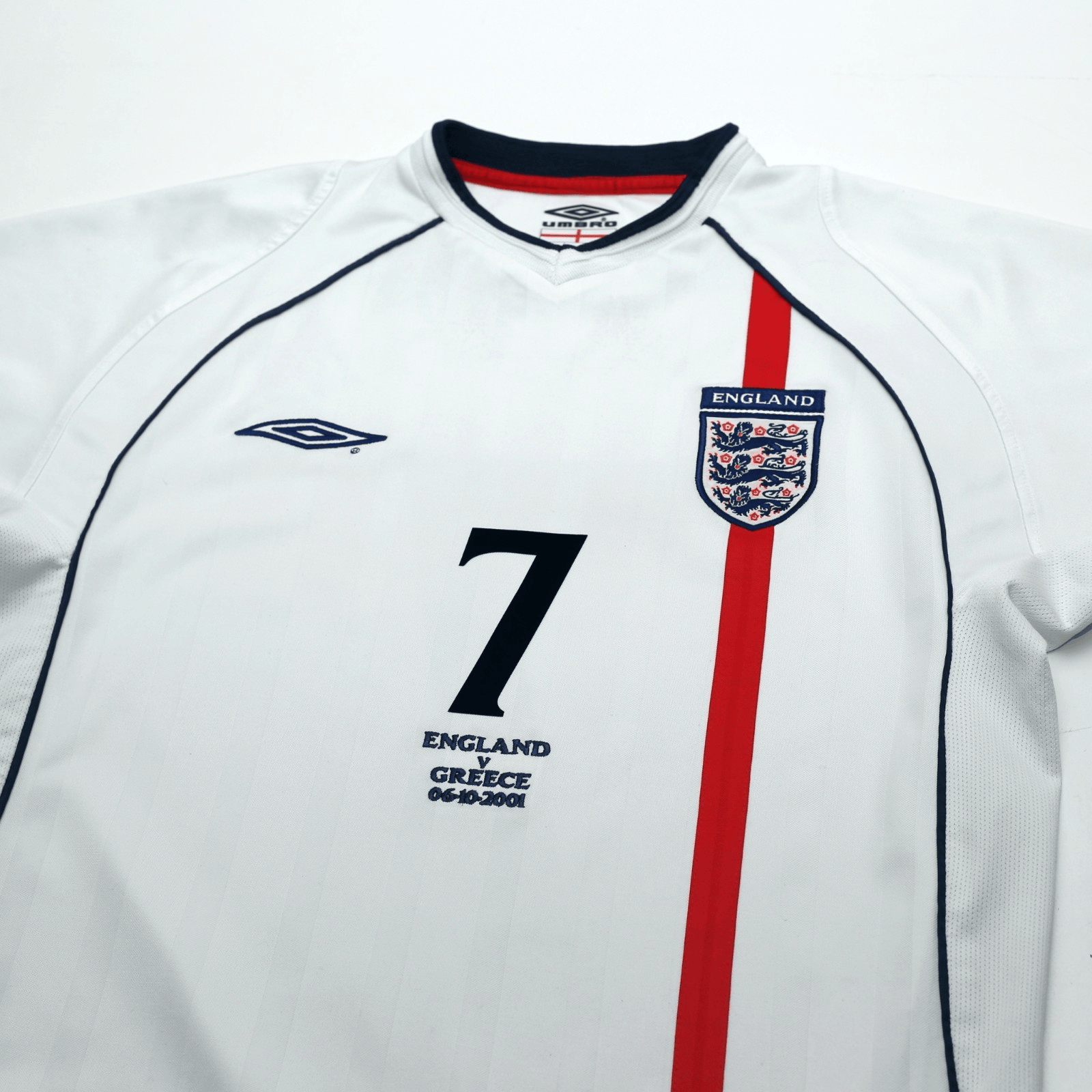 2001/03 Beckham #7 England Vintage Umbro Home Greece Football Shirt (M)