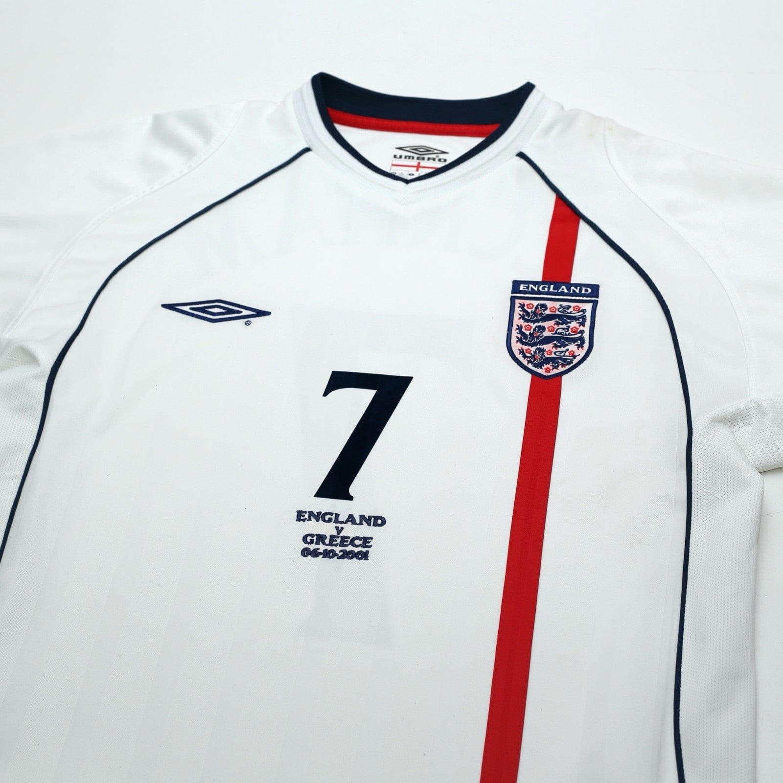 2001/03 Beckham #7 England Vintage Umbro Home Greece Football Shirt (M)