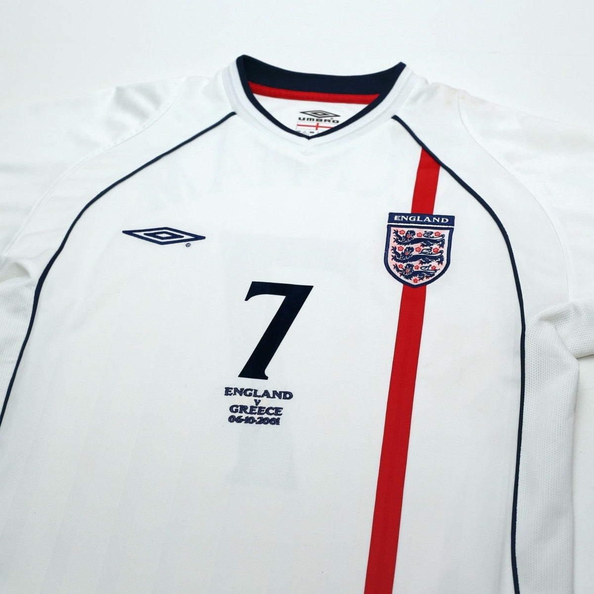 2001/03 Beckham #7 England Vintage Umbro Home Greece Football Shirt (M)
