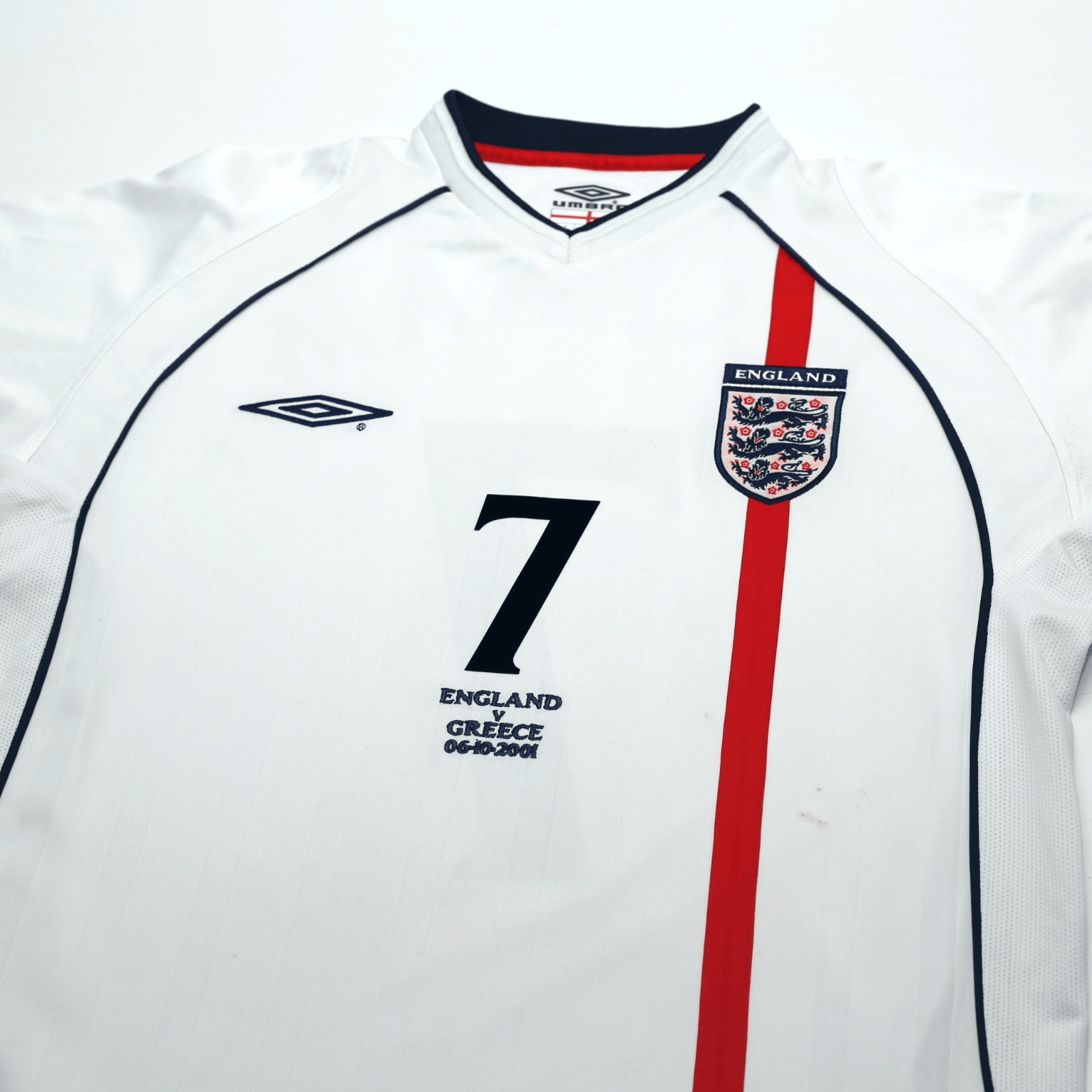 2001/03 Beckham #7 England Vintage Umbro Home Greece Football Shirt (M)