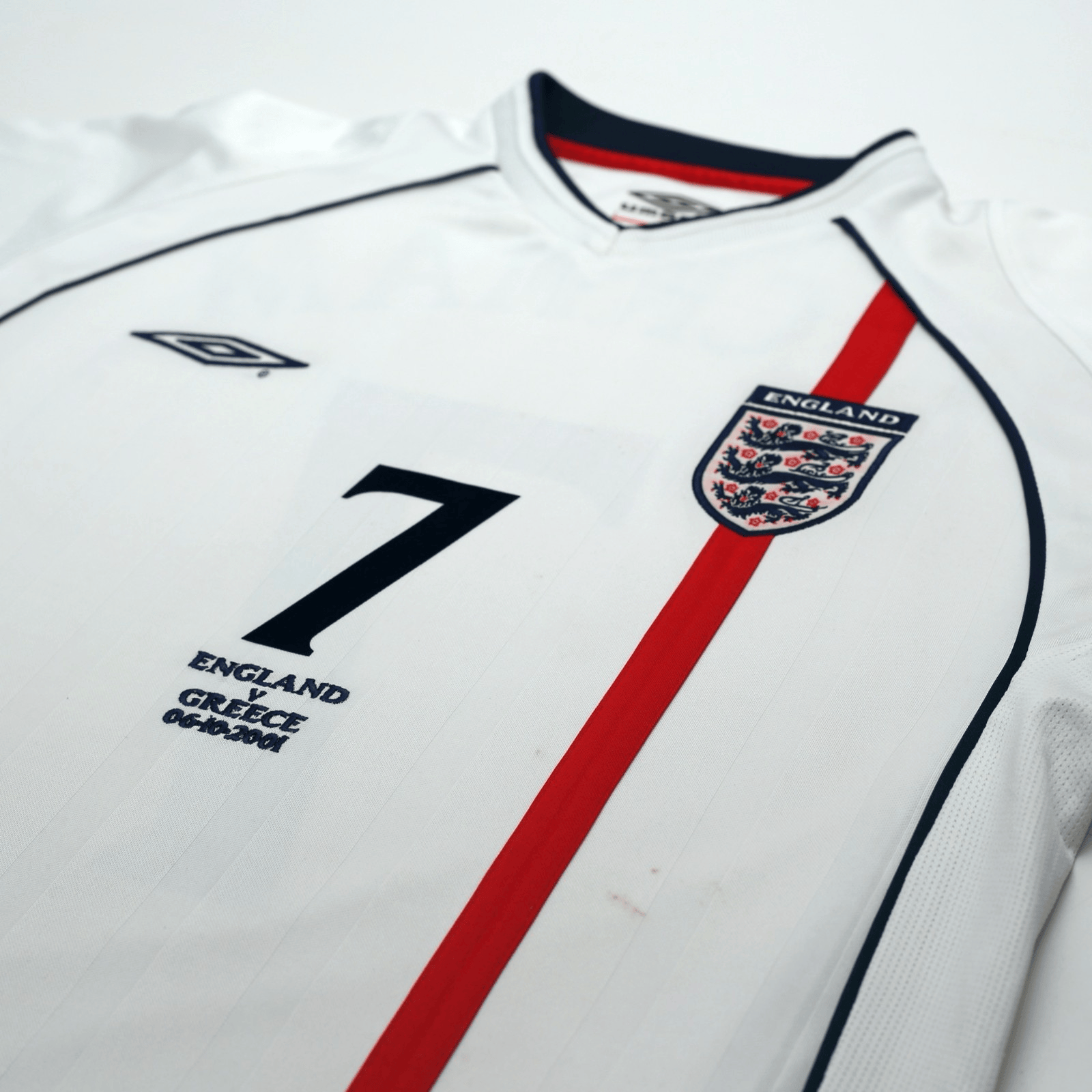 2001/03 Beckham #7 England Vintage Umbro Home Greece Football Shirt (M)
