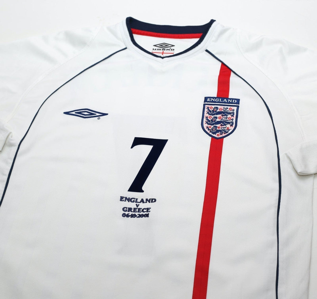 2001/03 BECKHAM #7 England Vintage Umbro Home Greece Football Shirt (M) WC 2002