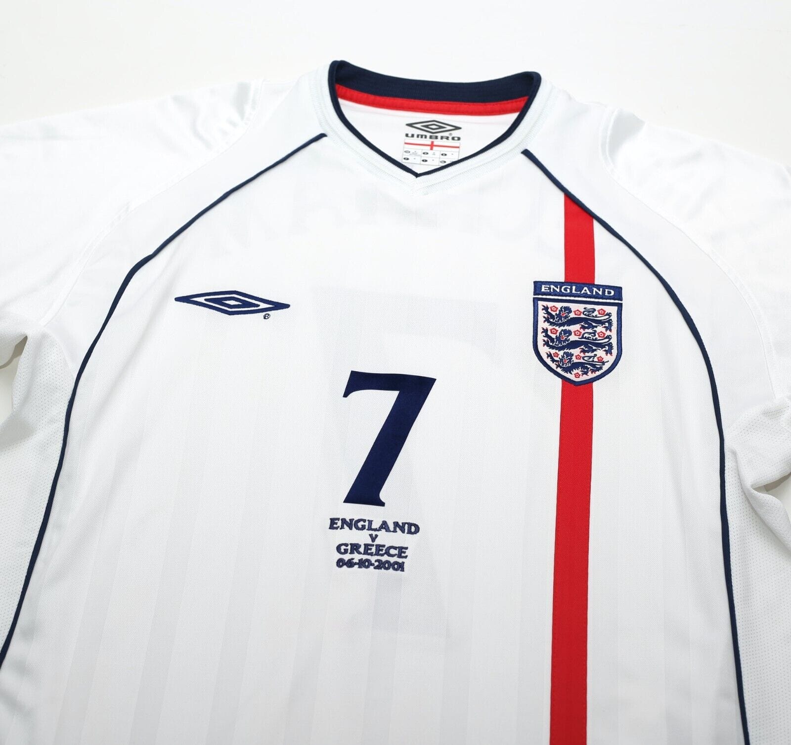 2001/03 BECKHAM #7 England Vintage Umbro Home Greece Football Shirt (M) WC 2002