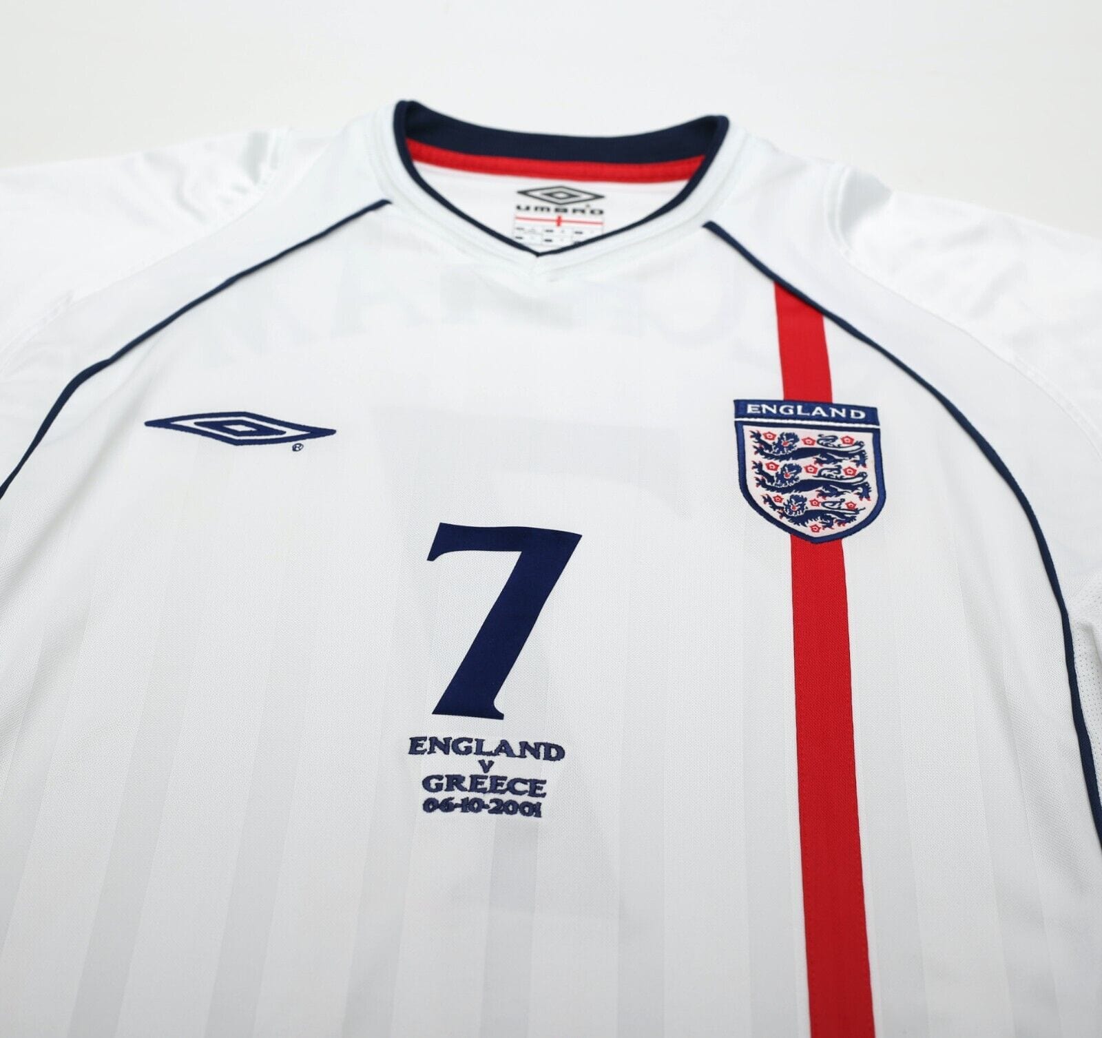 2001/03 BECKHAM #7 England Vintage Umbro Home Greece Football Shirt (M) WC 2002