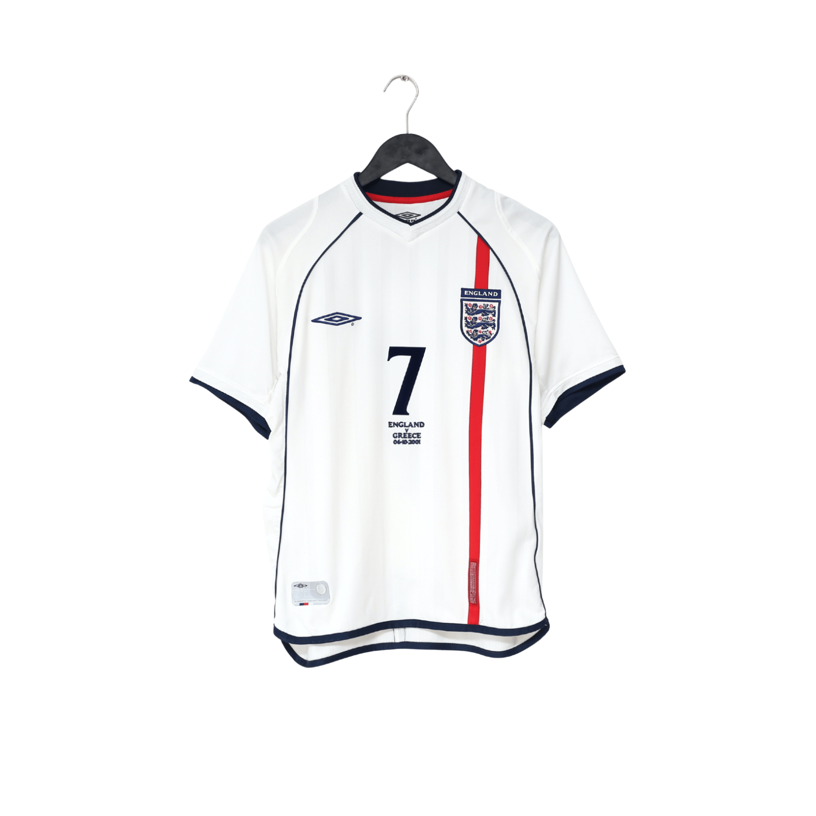 2001/03 BECKHAM #7 England Vintage Umbro Home Greece Football Shirt (S) WC 2002