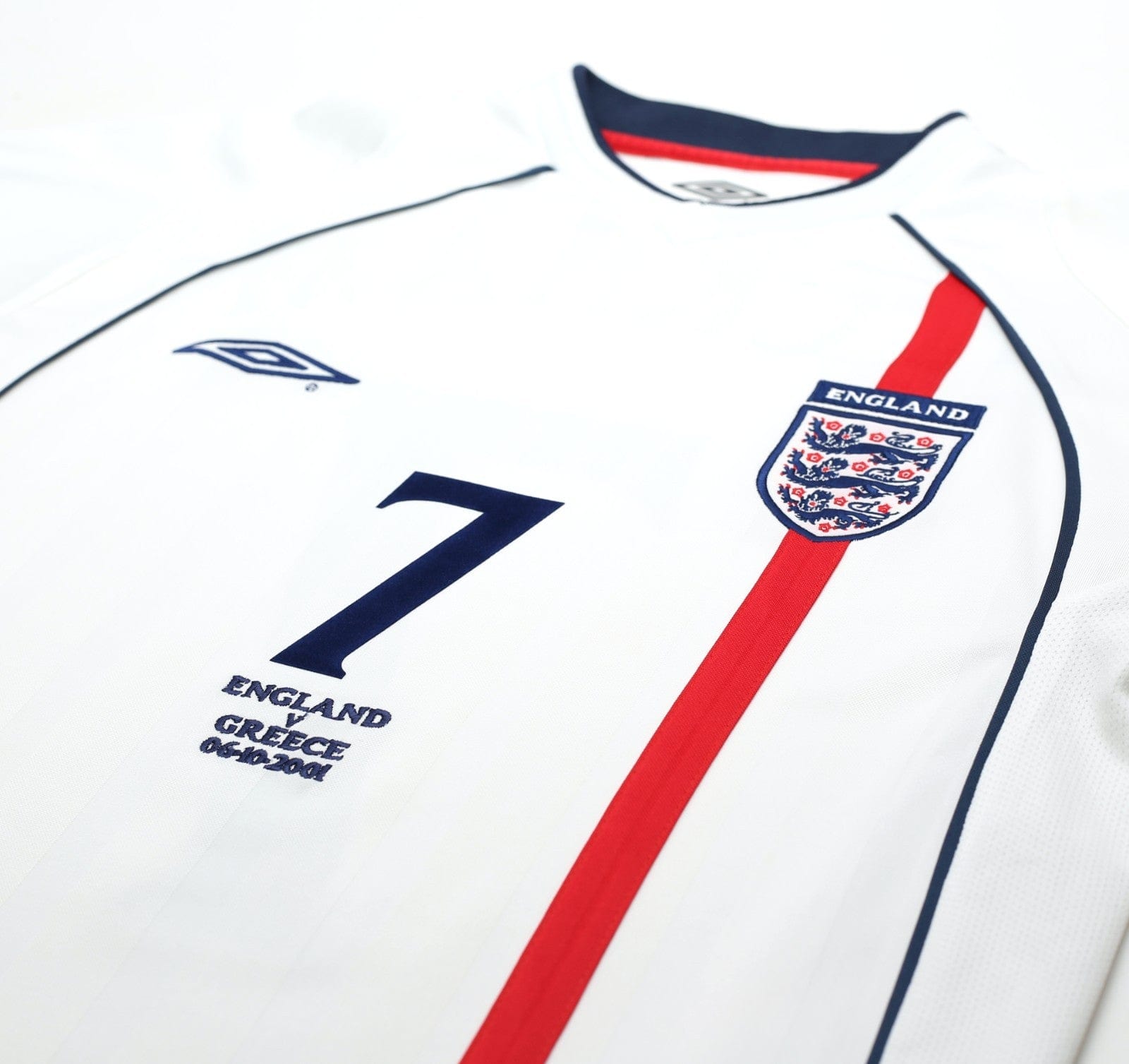 2001/03 BECKHAM #7 England Vintage Umbro Home Greece Football Shirt (S) WC 2002