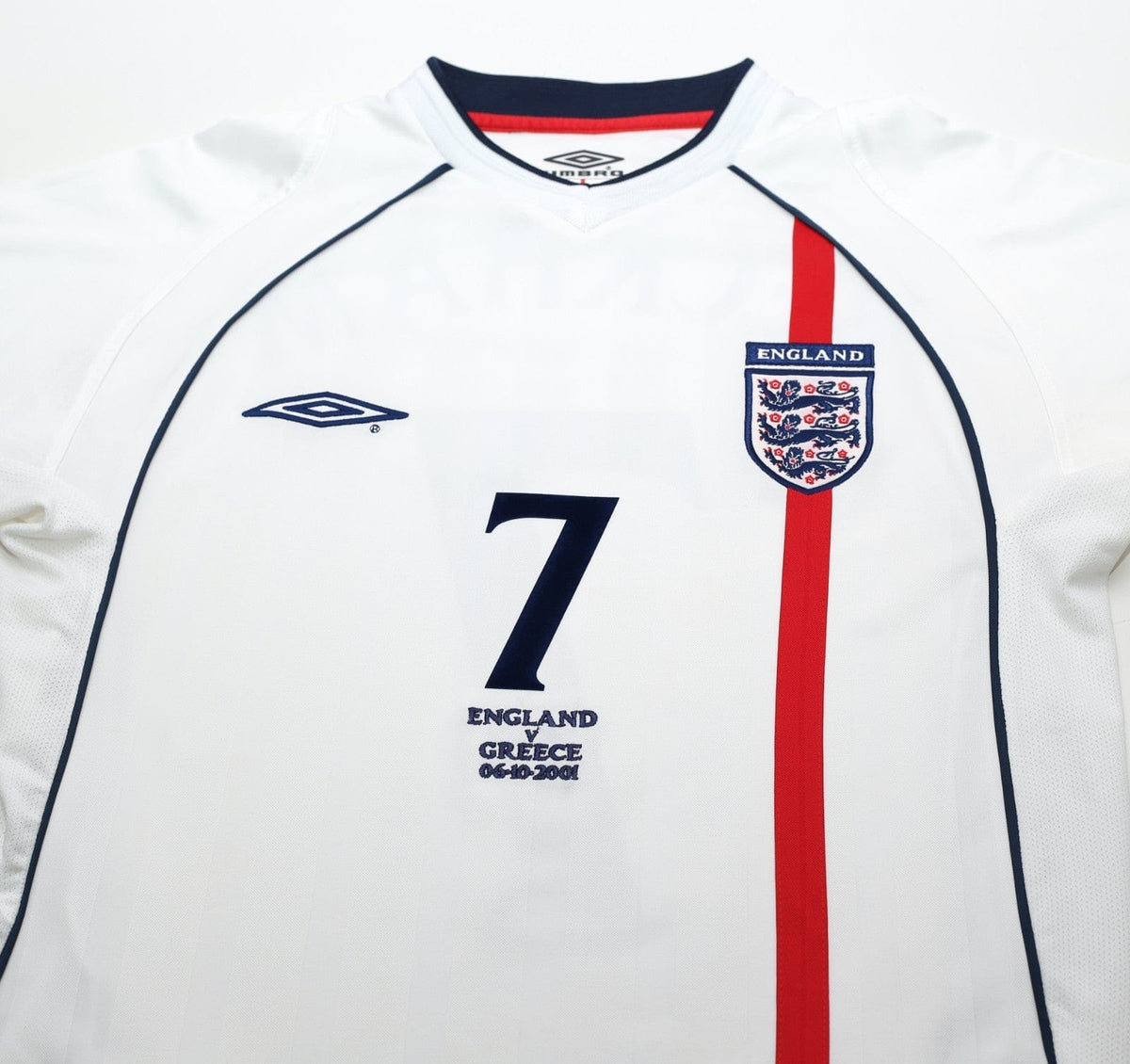 2001/03 BECKHAM #7 England Vintage Umbro Home Greece Football Shirt (S) WC 2002